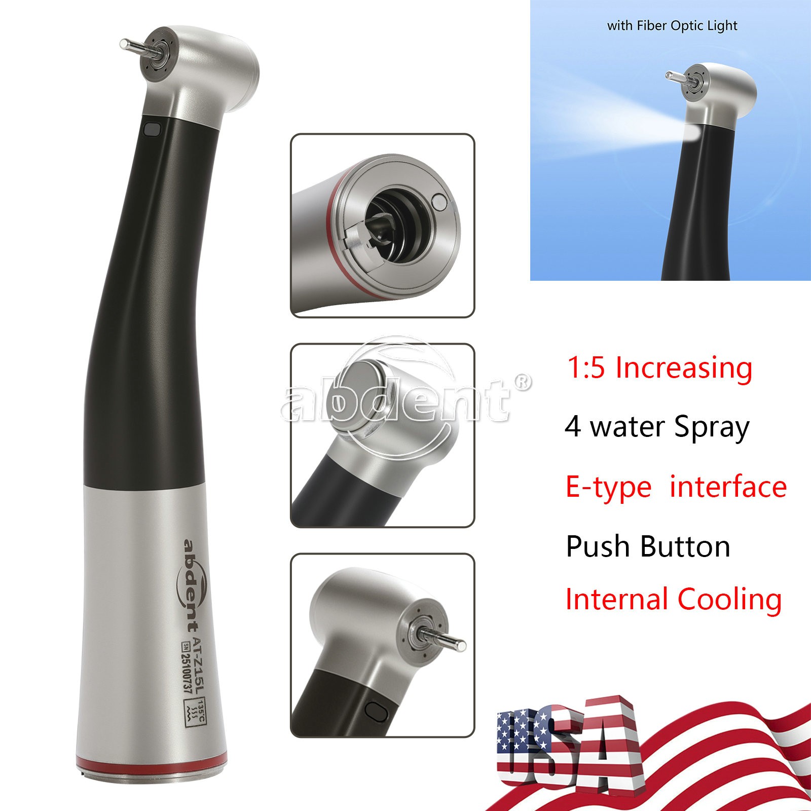 Abdent Dental 1:5 LED Fiber Optic Increasing Contra Angle Handpiece CE New
