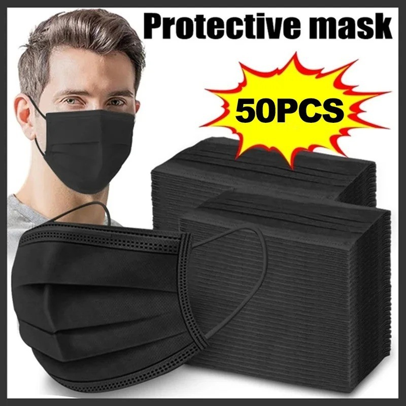 50 Pcs Disposable Black Face Masks 3-Layer Anti-Dust Mouth Masks Individual Pack