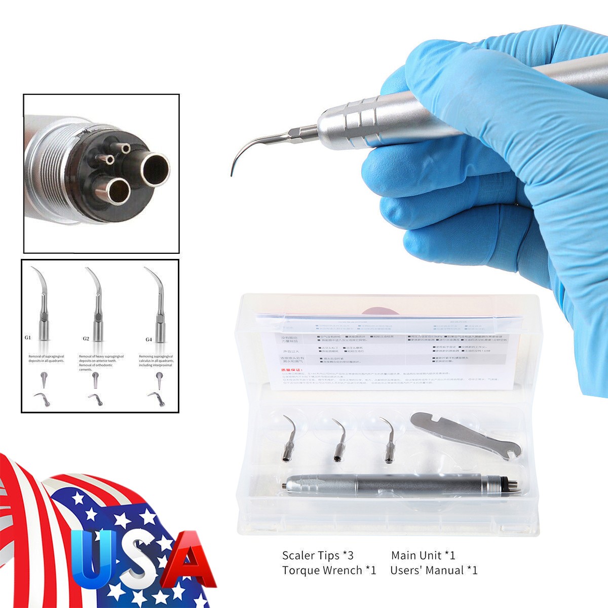 Dental Ultrasonic Air Perio Scaler Handpiece Hygienist 4 Hole w/ 3 Tips Original