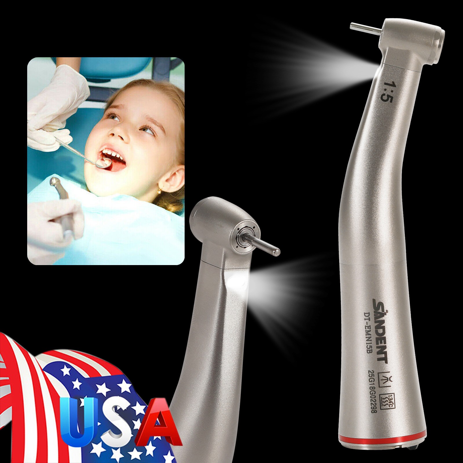 Dental 1:5 Contra Angle FG1.6mm LED Fiber Optic Handpiece MINI Inner Spray UPS H