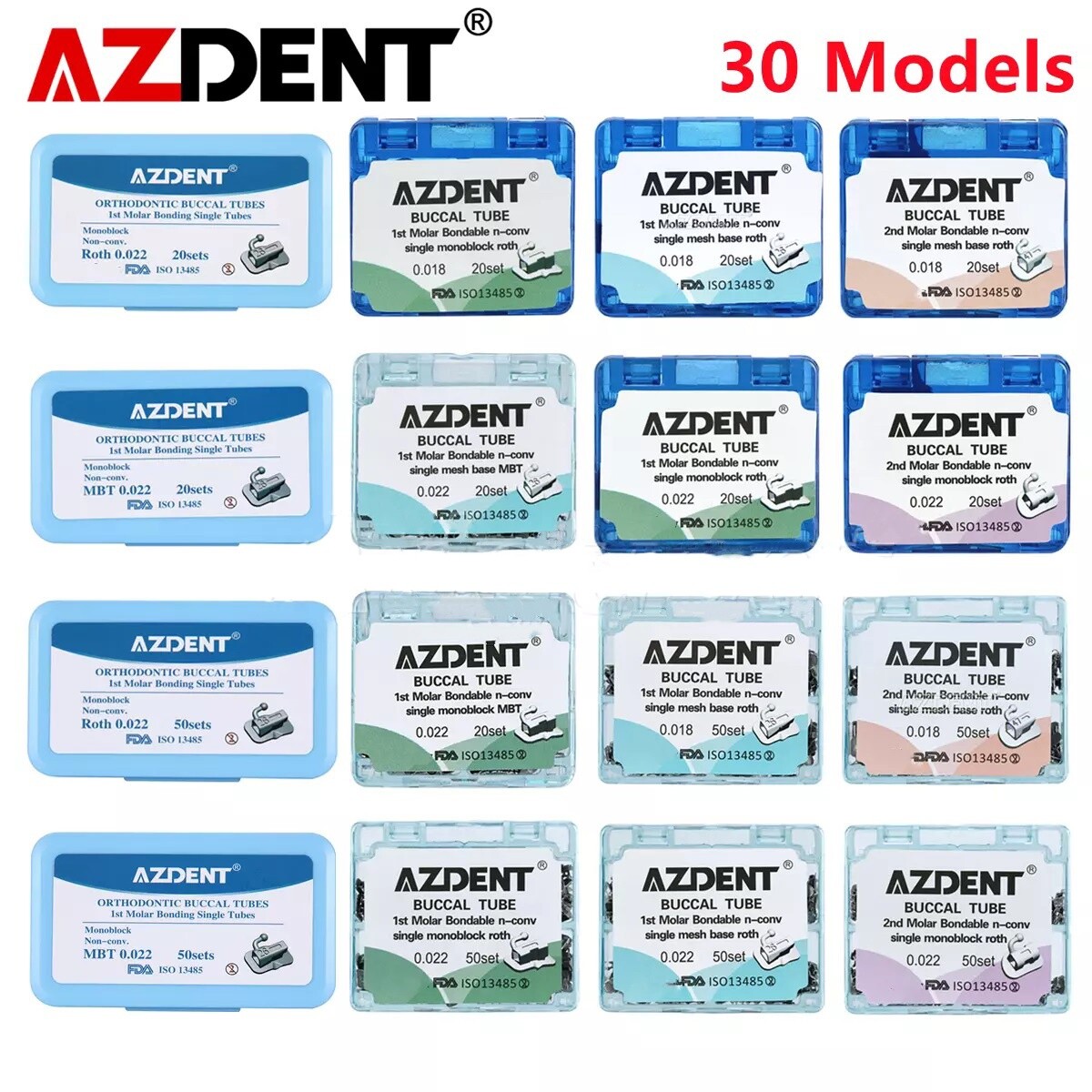 AZDENT Dental Orthodontic Buccal Tubes 1st/2nd Molar Roth/MBT 022/018 Bondable