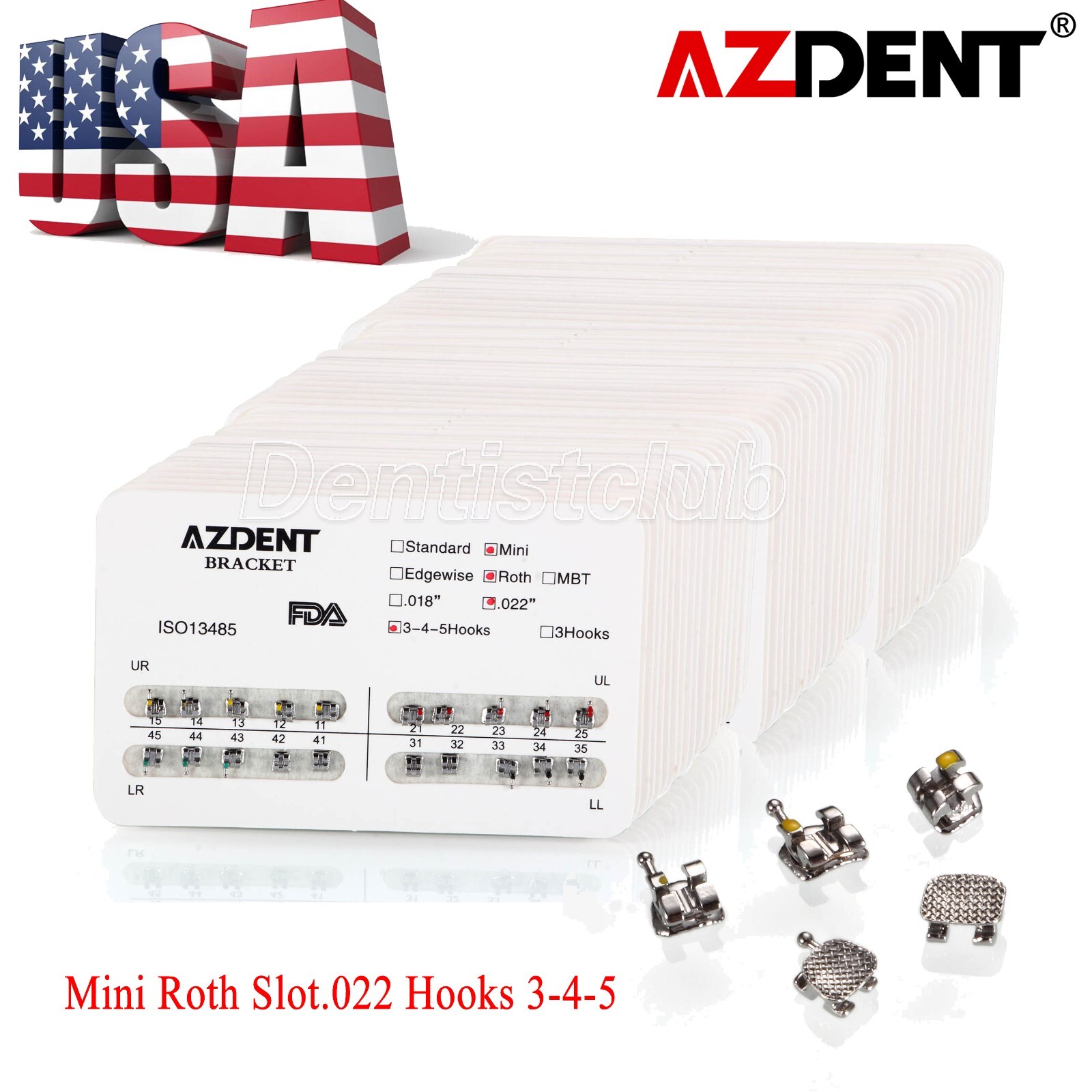 AZDENT Dental Orthodontic Brackets Braces Metal Mini Roth.022 Hooks 3 4 5 FDA