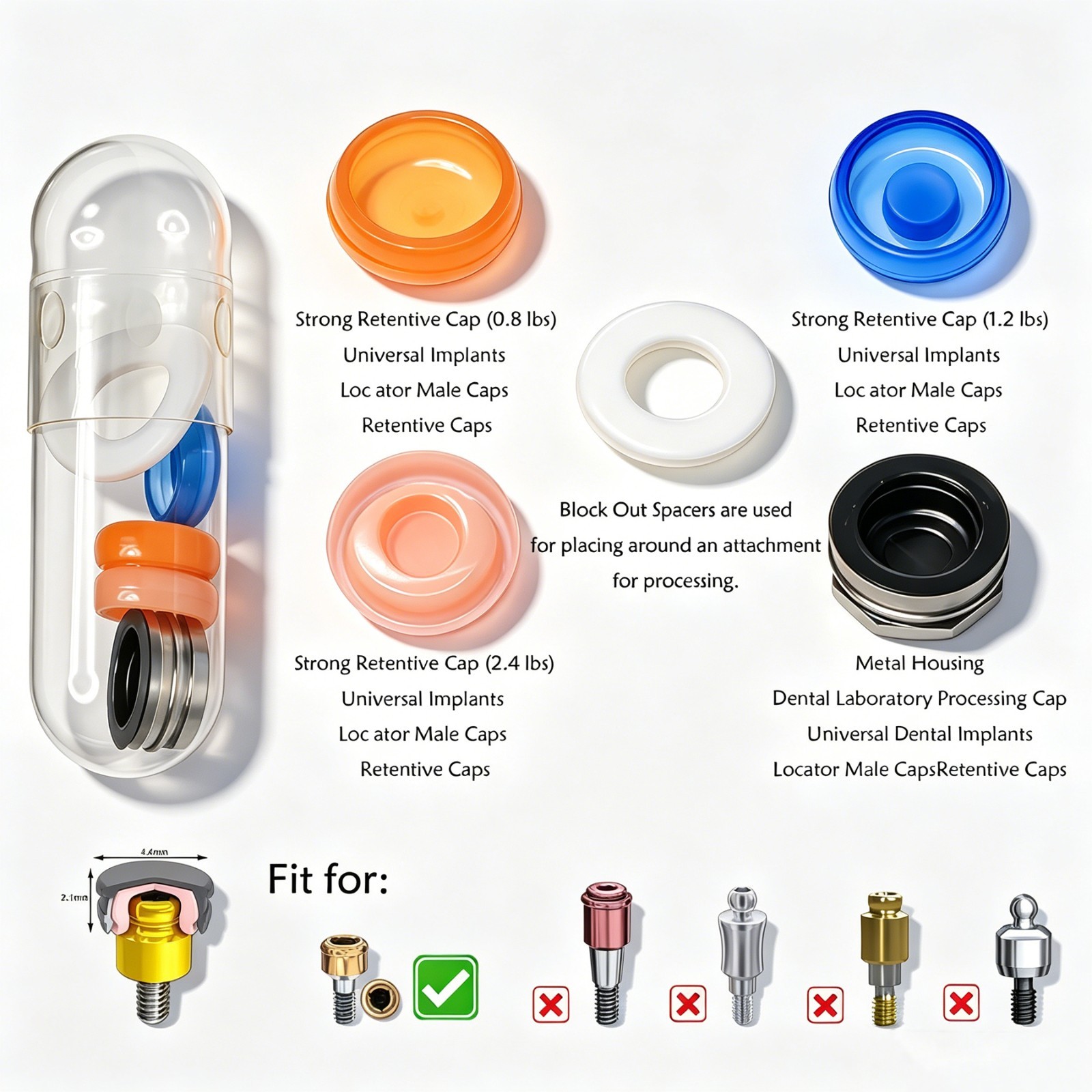 Multi Force Universal Male Retention Caps Zest Locator Overdenture Insert 10Set