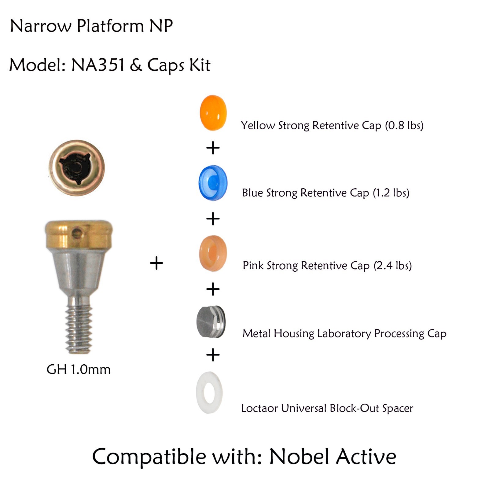 US Attachment Locator Abutment For Nobel Active NP/RP 1-5mm & Male Cap Inserts