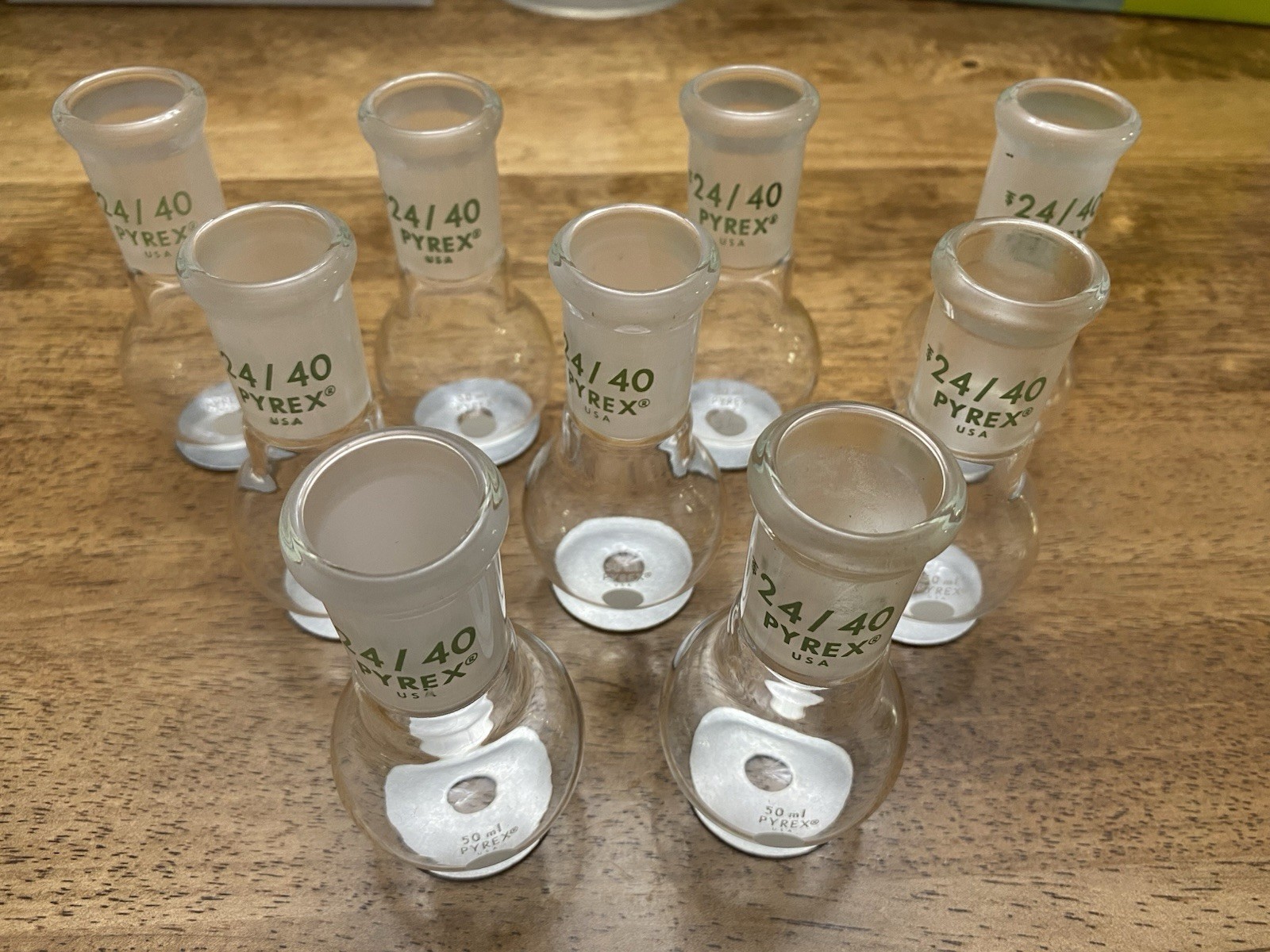 Lot of 9 Pyrex 50ml Round Bottom Glass Boiling Flask – 24/40 – Lab Fresh!!