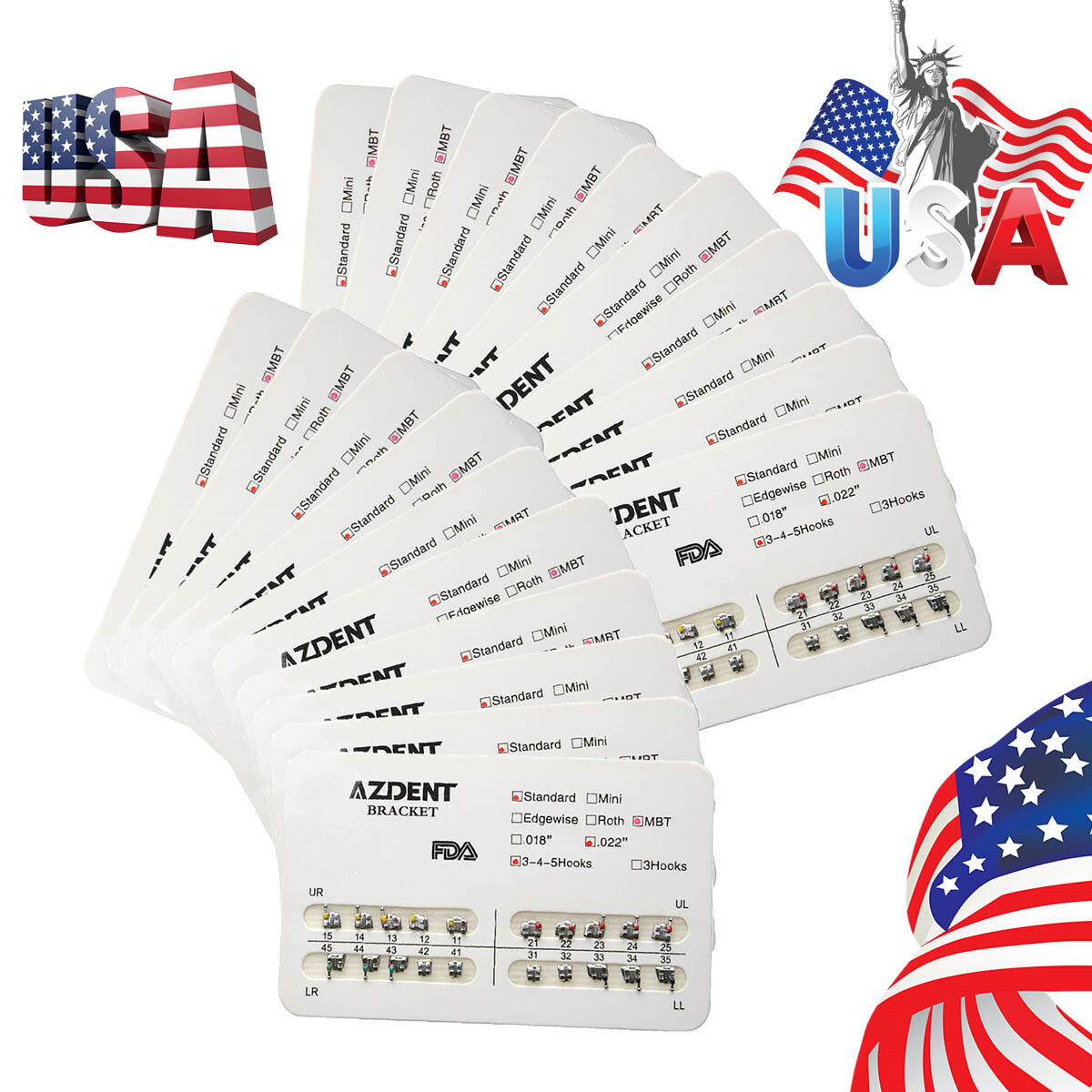 AZDENT Dental Orthodontic Brackets Standard Braces MBT Roth 022/018 Hooks 3/345