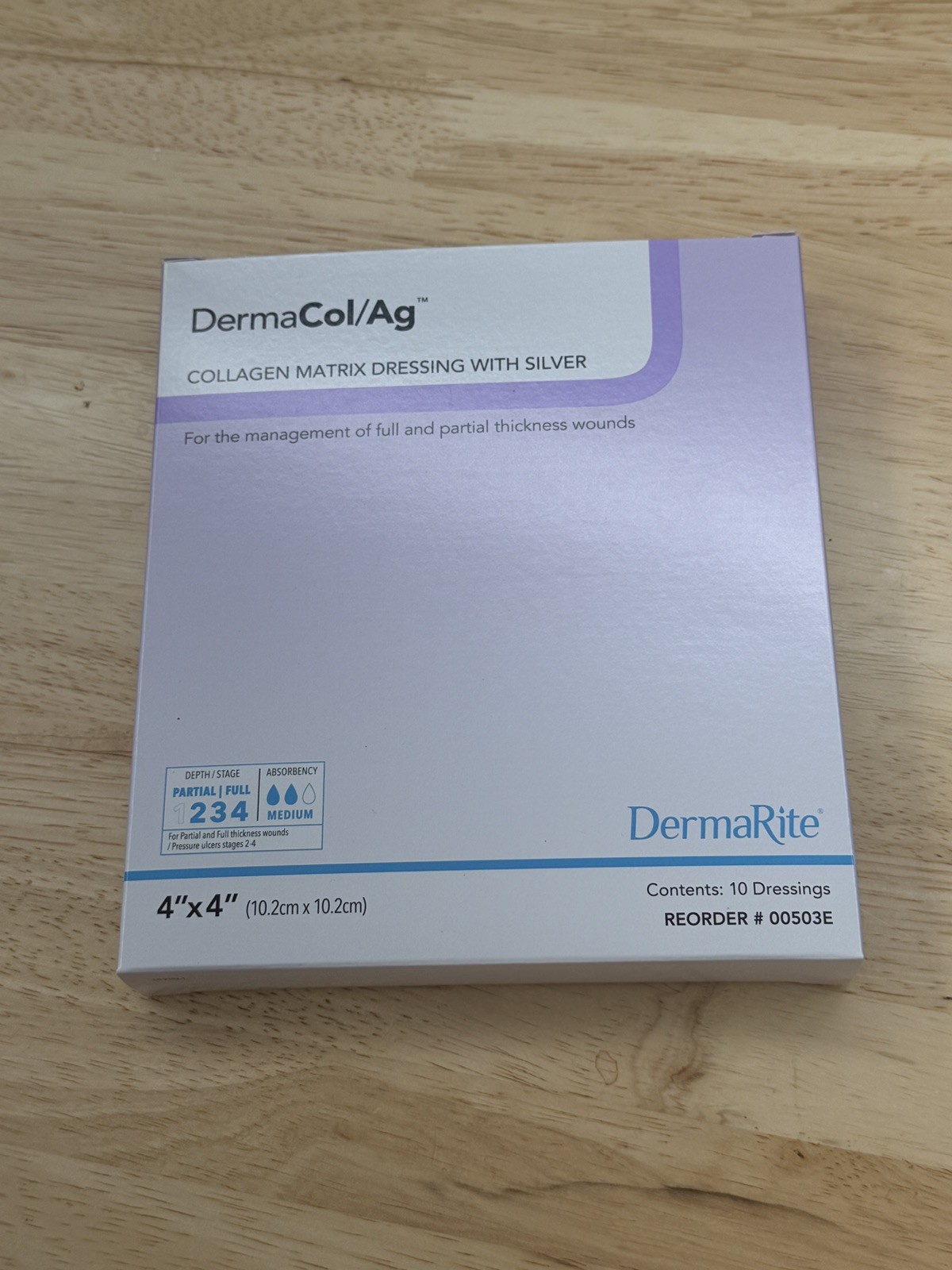 DermaRite DermaCol/Ag Collagen Dressing with Silver 4x4in 10pcs 00503E exp 4/29