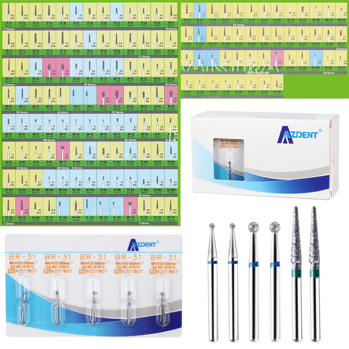 AZDENT Dental FG Diamond Burs for High Speed Handpiece Friction Grip 5pcs/pack