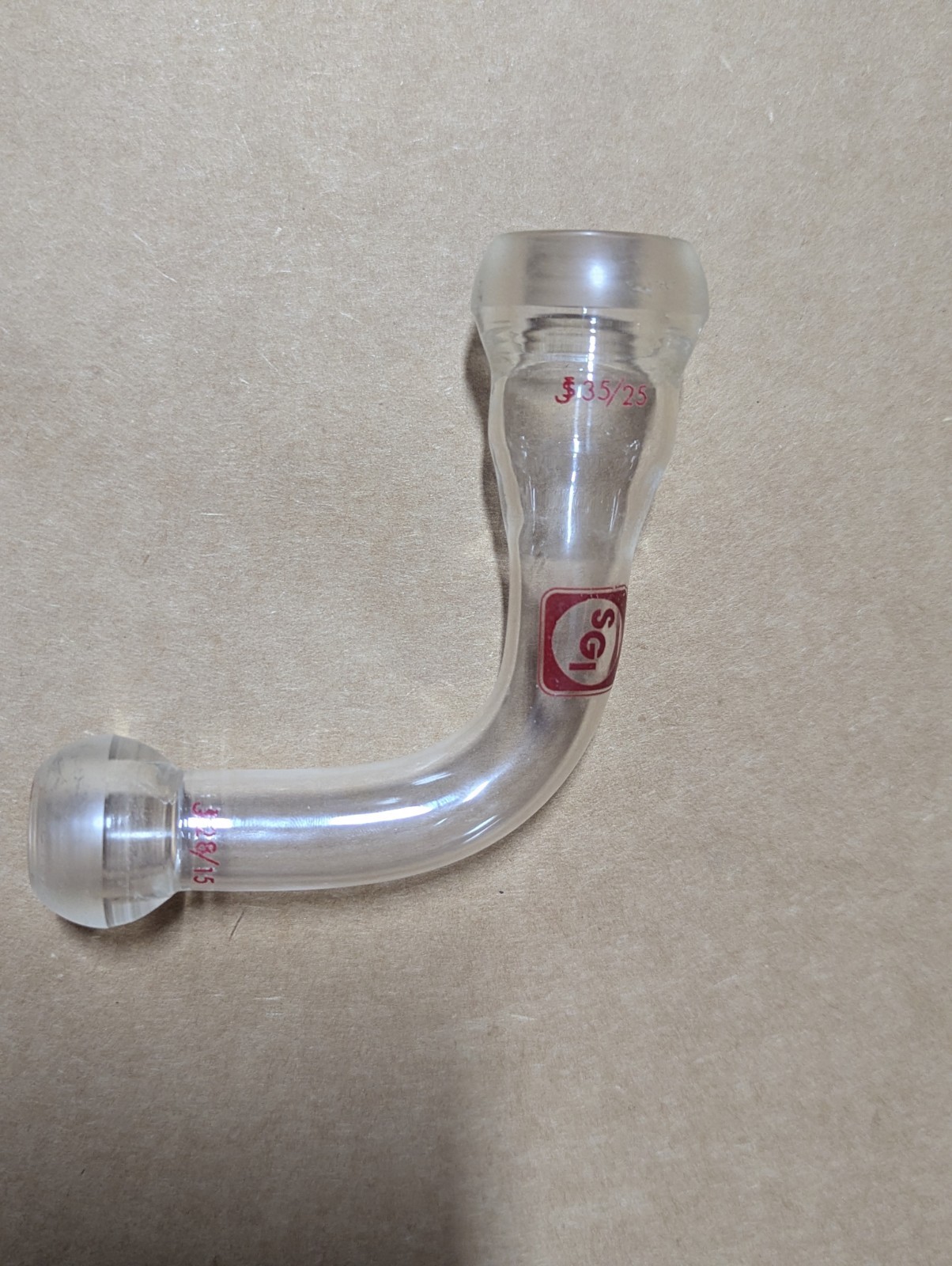 Glass Adapter 90 Degree Angle. 28/15 male ball joint to 35/25 male ball joint