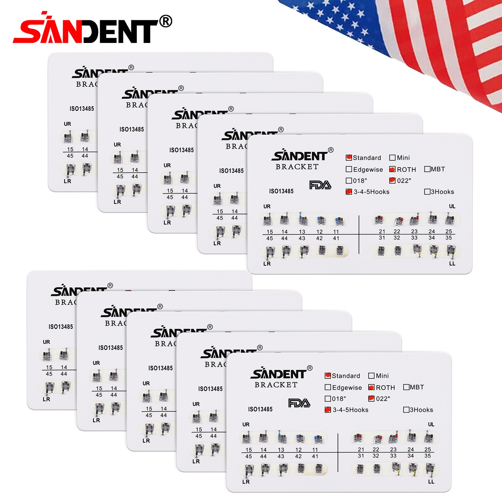10 kits Dental Orthodontic Brackets Metal Braces Standard Roth 022 Hooks 3-4-5