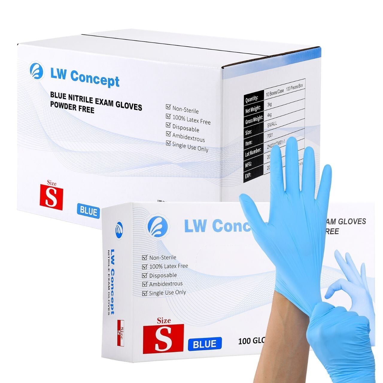 LW Concept Nitrile Powder Free Exam Gloves, Blue, Size Large, 100/Box