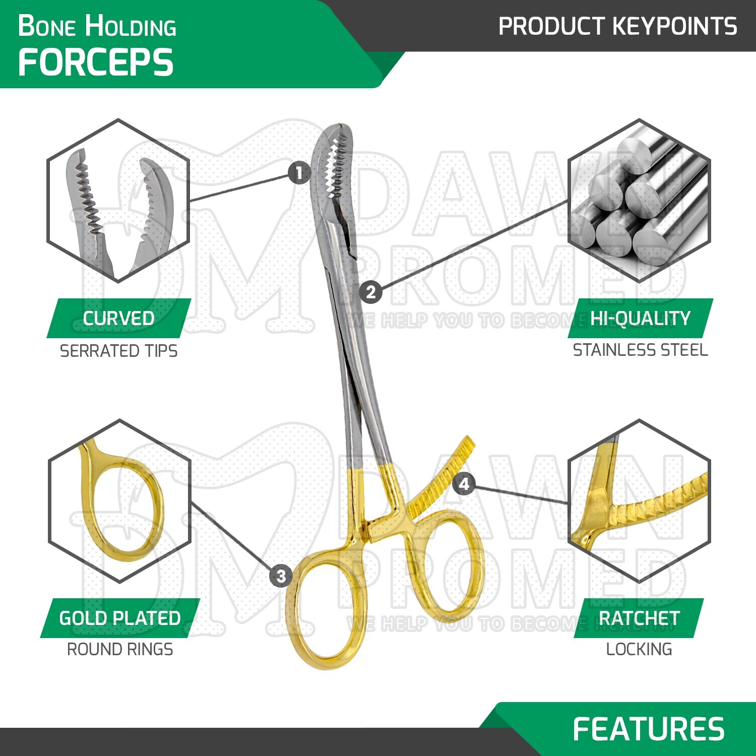 Bone Holding Forceps Curved Serrated 5.5″ Gold Plated Orthopedic Inst German Gr