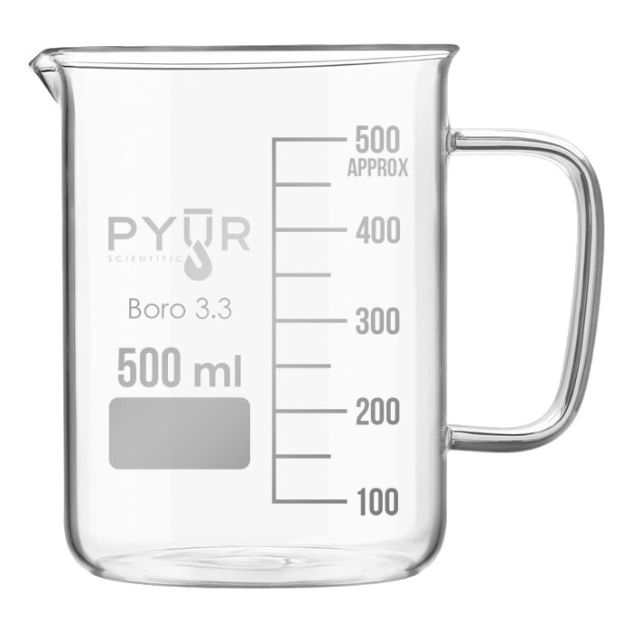 Pyur Scientific Low Form Beakers W/ handle- 3.3 Borosilicate Glass – 4 Piece Set