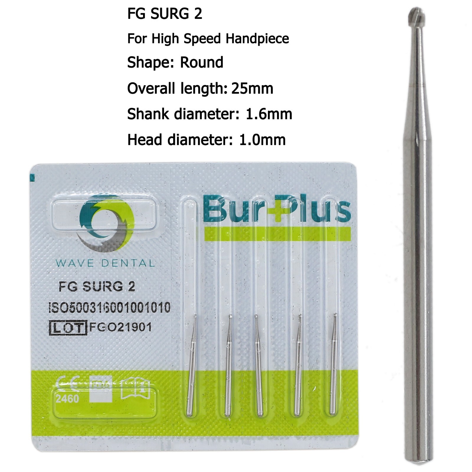 WAVE Dental Surgical Round Burs 2 4 6 8 FG SURG Long 25mm Carbide Bur High Speed