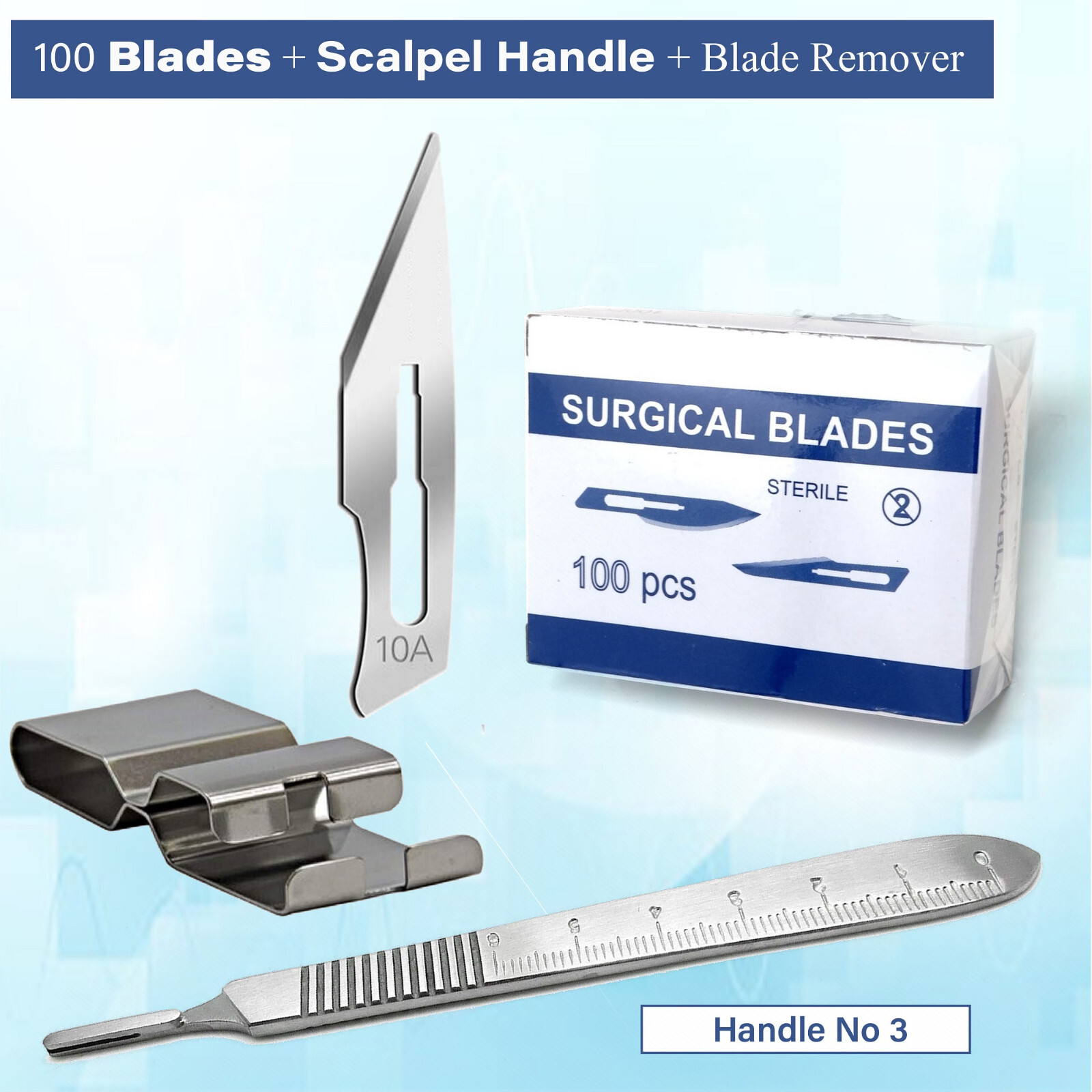 100 Scalpel Blades#10A +#3 Metal Handle + Blade Remover Medical Surgery,Podiatry