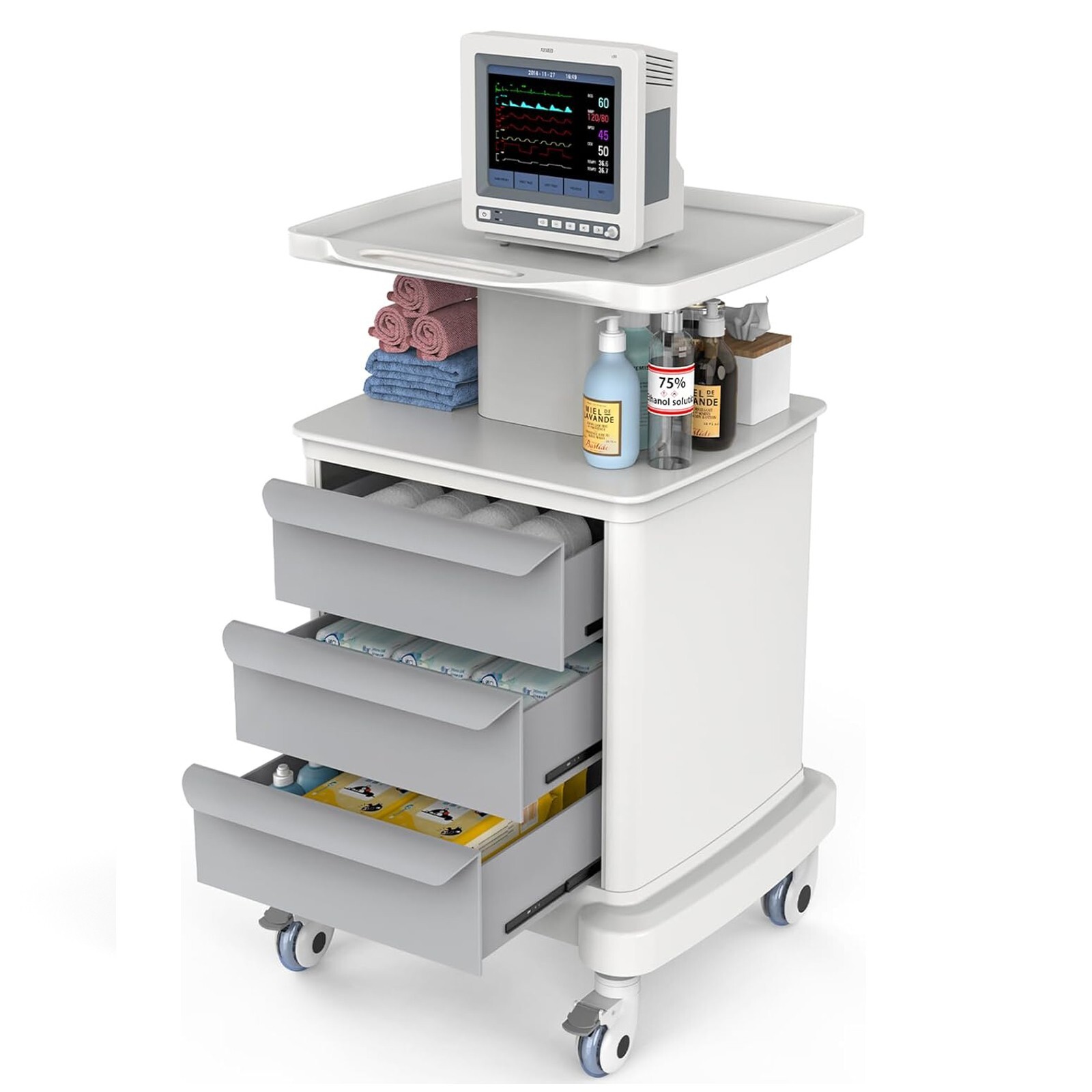 4 Tiers Medical Cart with Wheels & Drawers Mobile Ultrasound Cart Rolling Dental