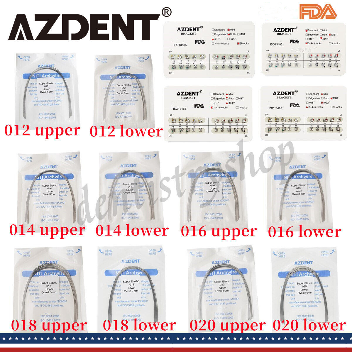AZDENT Dental Orthodontic Brackets Braces / Supper Elastic Niti Arch Wires FDA