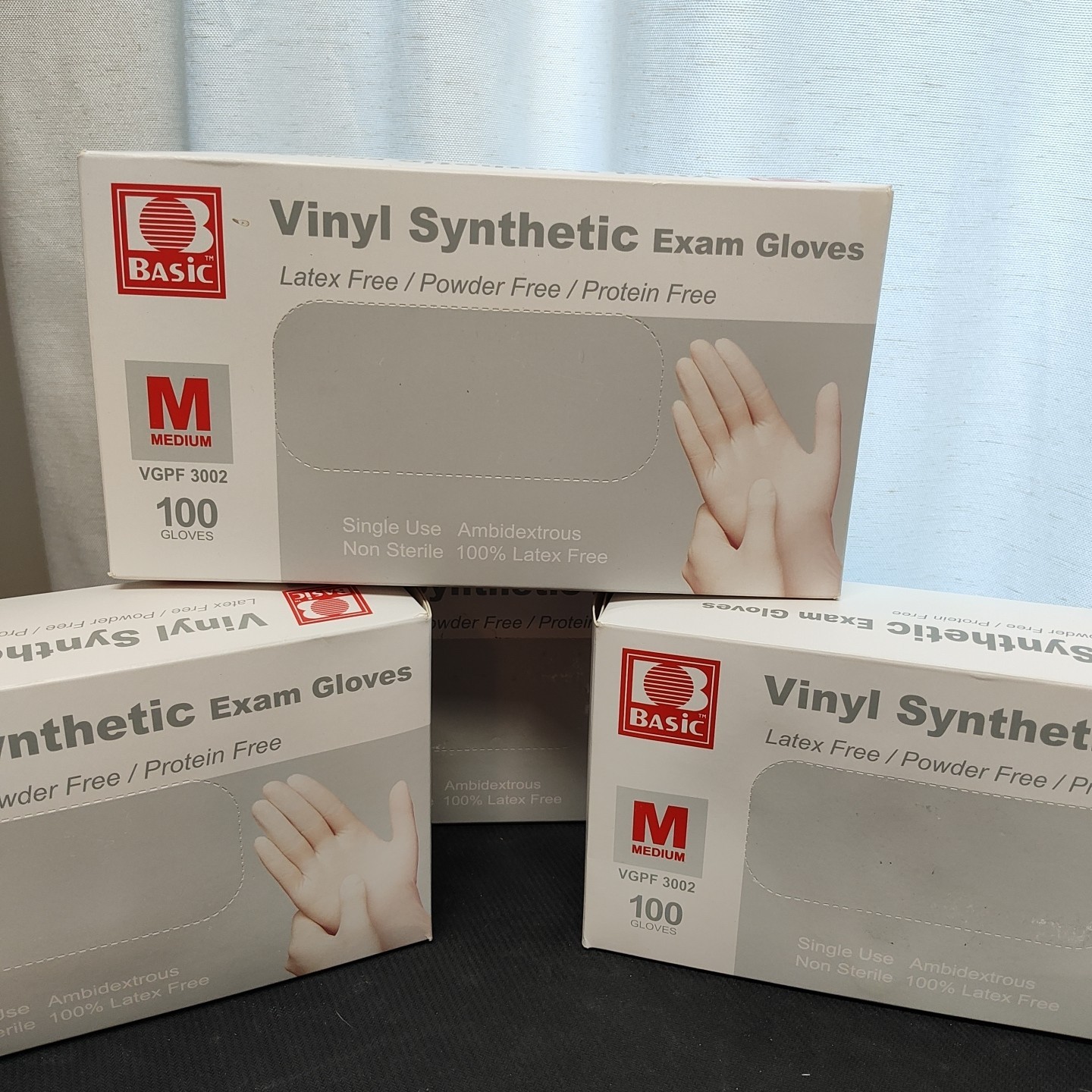 3 BoxesBasic Vinyl Synthetic Exam Gloves Sz Med 100 Gloves Per Box Ambidextrous