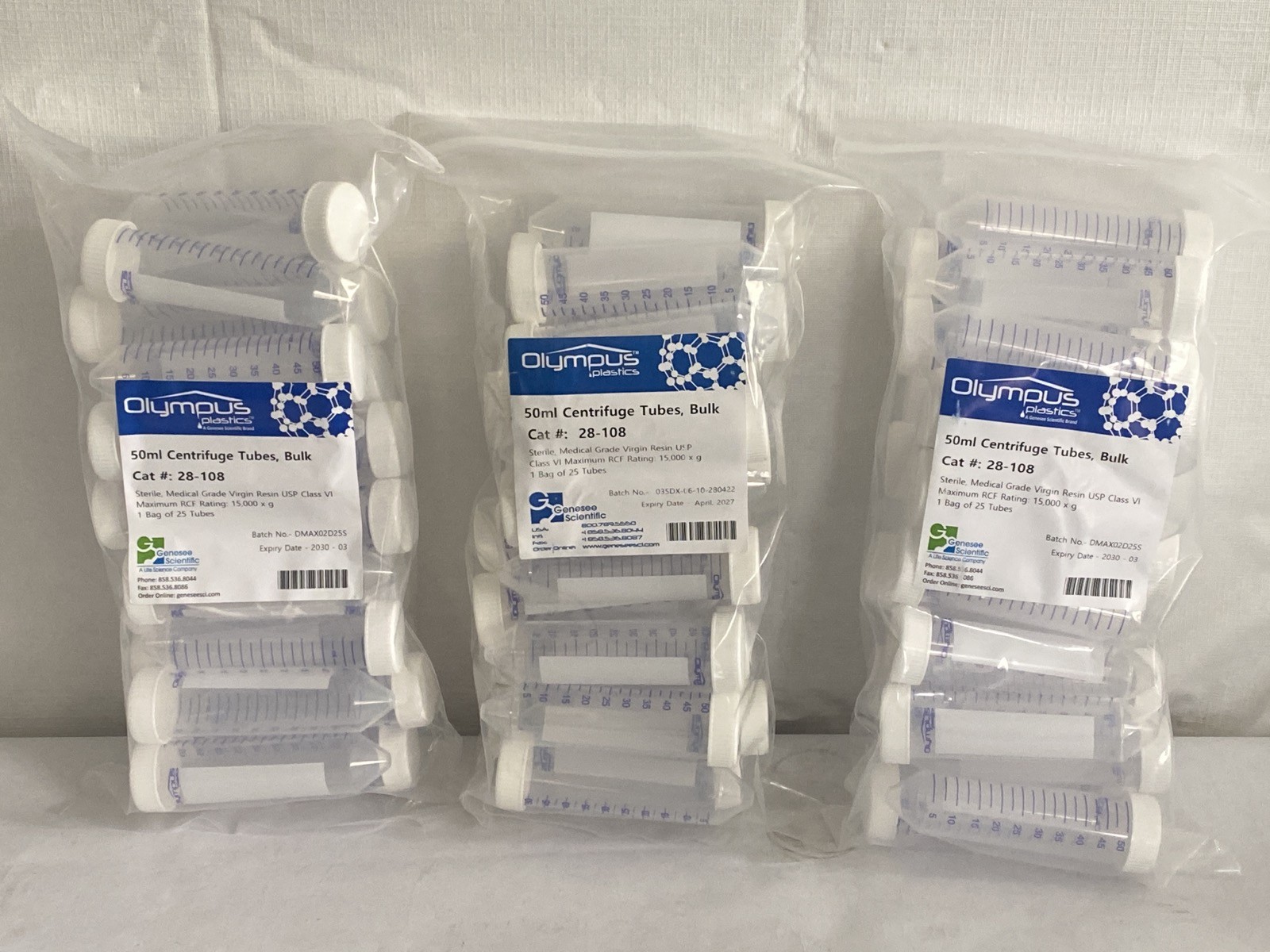 (75) OLYMPUS 15mL & 50mL PP Graduated Conical Centrifuge Tubes 28-108 21-101