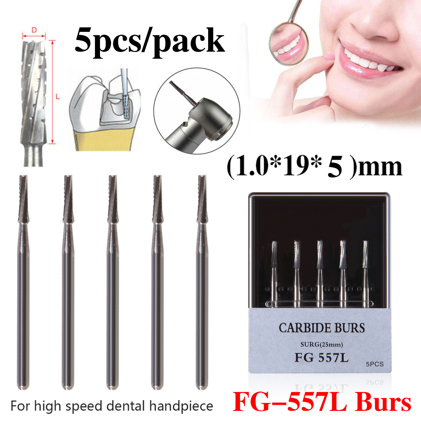 5PCS Carbide Surgical Burs FG 557L SURG 25mm Bur for High Speed Dental Handpiece