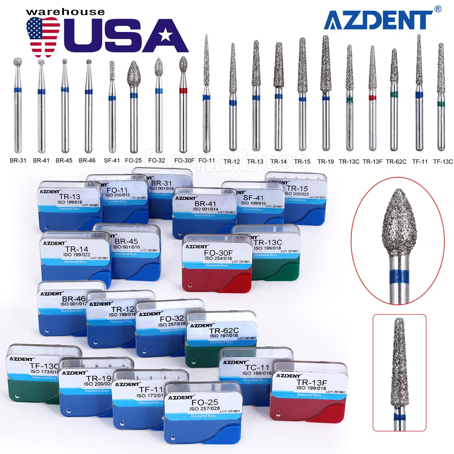 100Pcs Dental Diamond Burs High Speed Handpiece Friction Grip 20 Type FG AZDENT