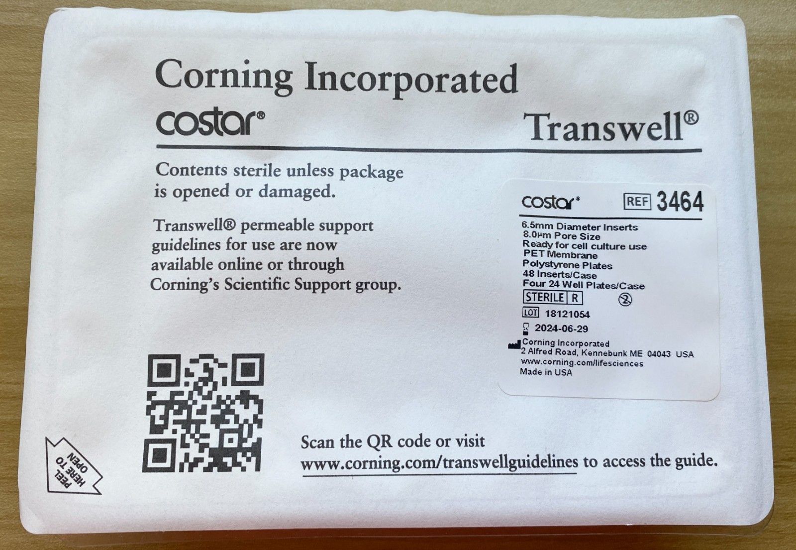 Corning Costar Transwell 3464 6.5mm 24-Well Inserts 8.0µm PET 12/pack Exp2024-06