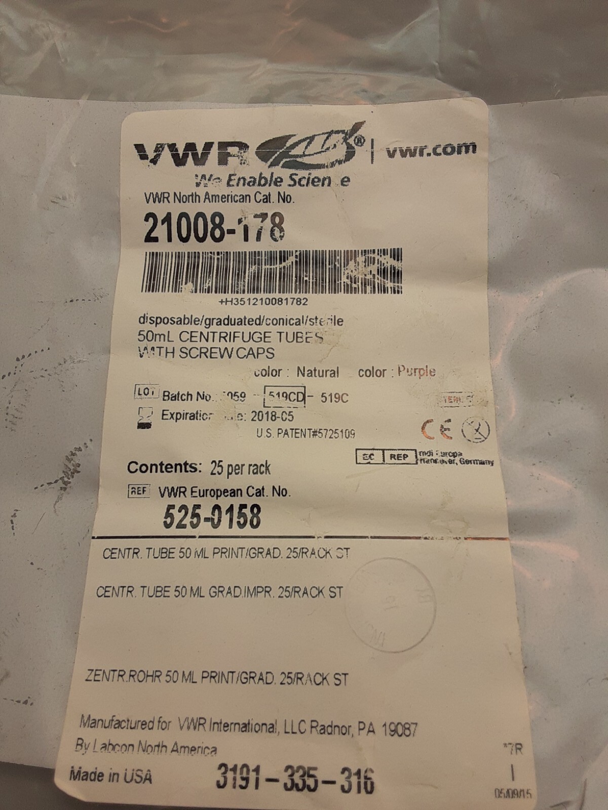 New VWR 21008-178 50mL Centrifuge Tubes with Screw Caps 15/rack