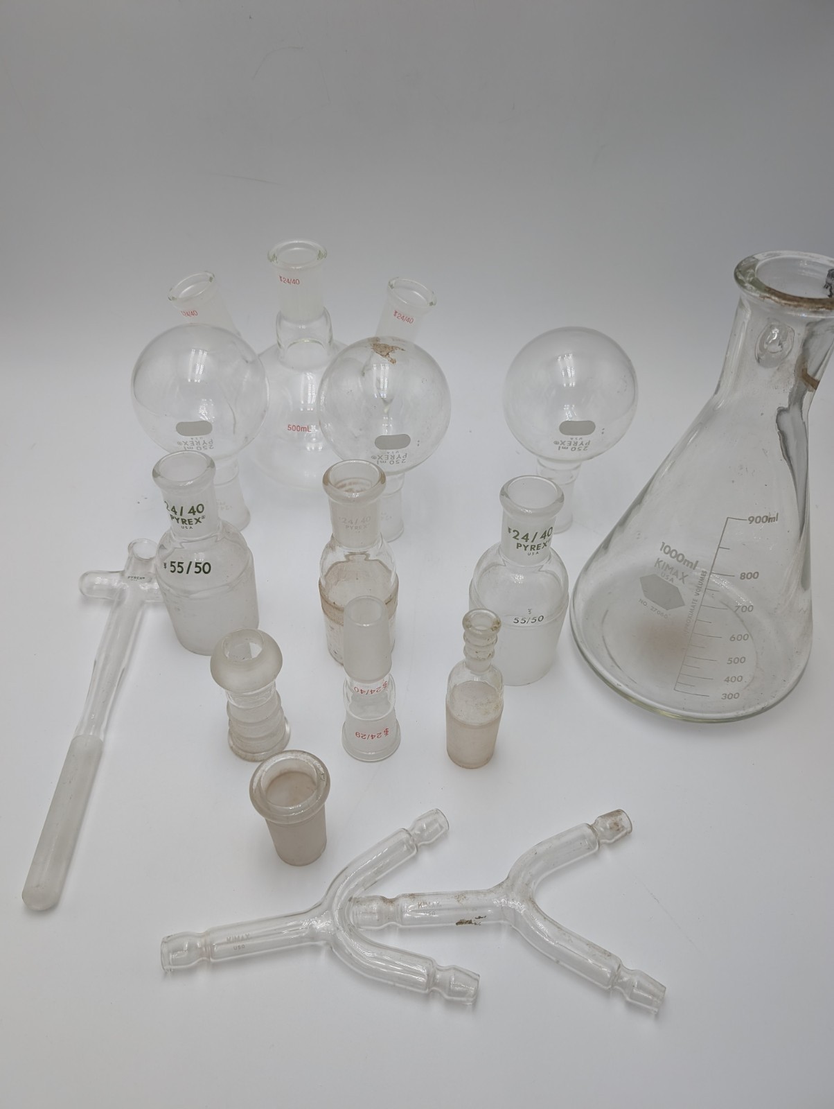 PYREX Mix Labware Lot Glass 24/40 Inner 55/50 Reducing Connecting Kimax USA