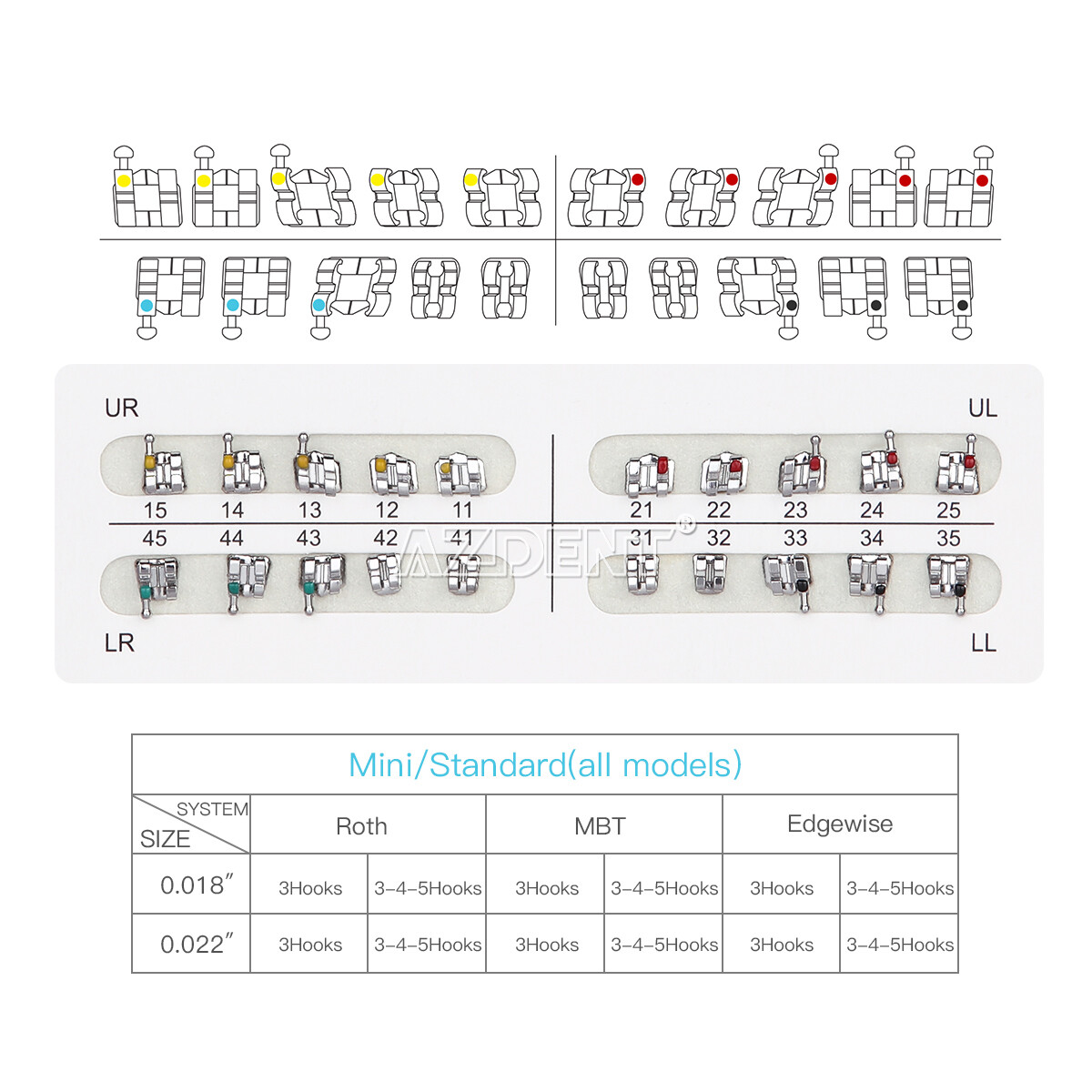 AZDENT Dental Orthodontic Brackets Brace Mini Standard Edgewise Roth MBT 018 022