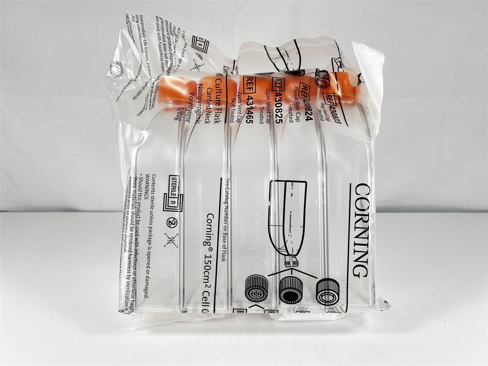 (5 Pack) CORNING 430825 150cm² Cell Culture Flask Canted Neck Vent Cap Sterile