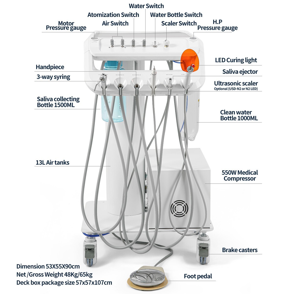 Portable Dental Delivery Unit with Air Compressor Rolling Trolley Treatment