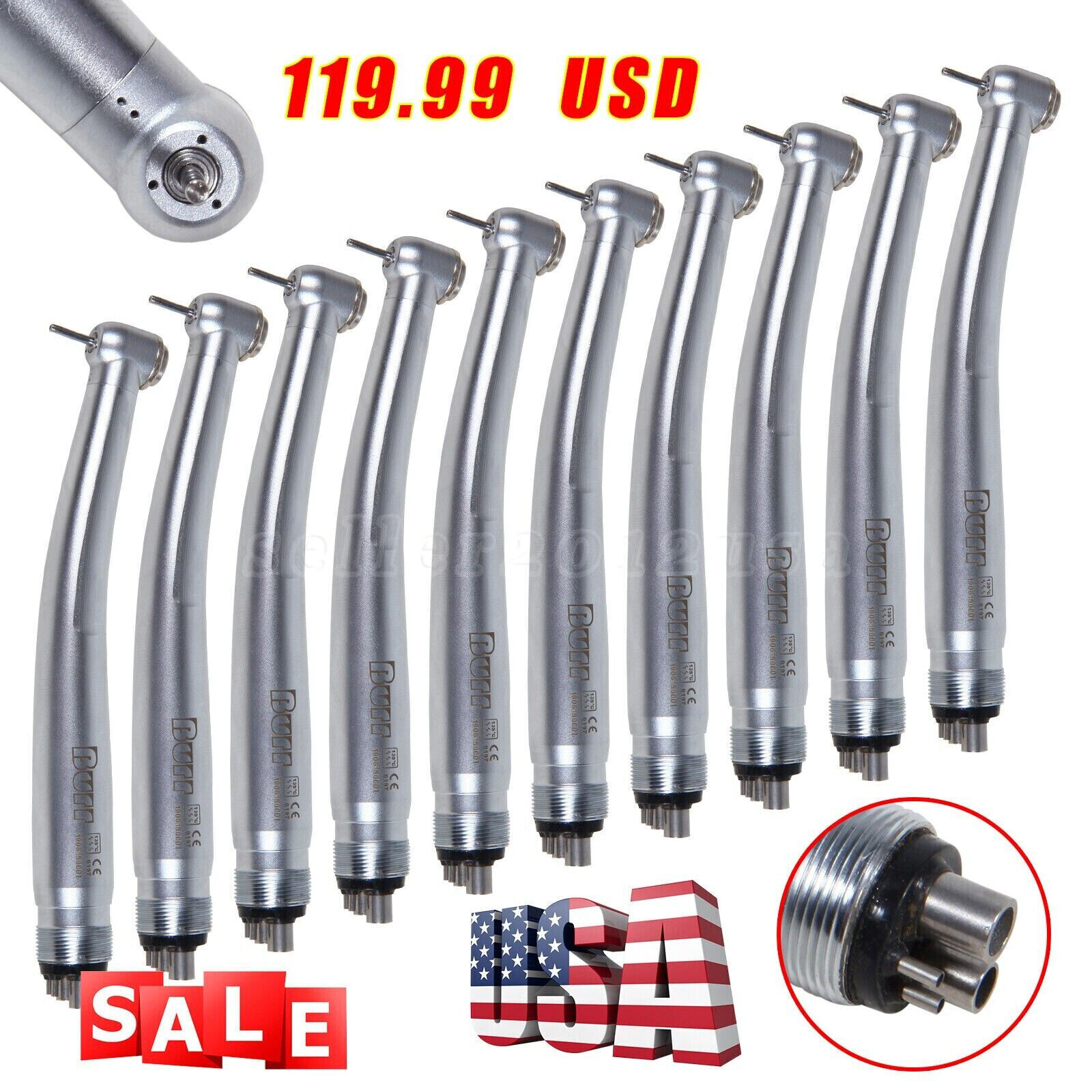 10* BURR Dental Fast High Speed Handpiece Push Turbine 4 Holes Fit NSK Pana Max