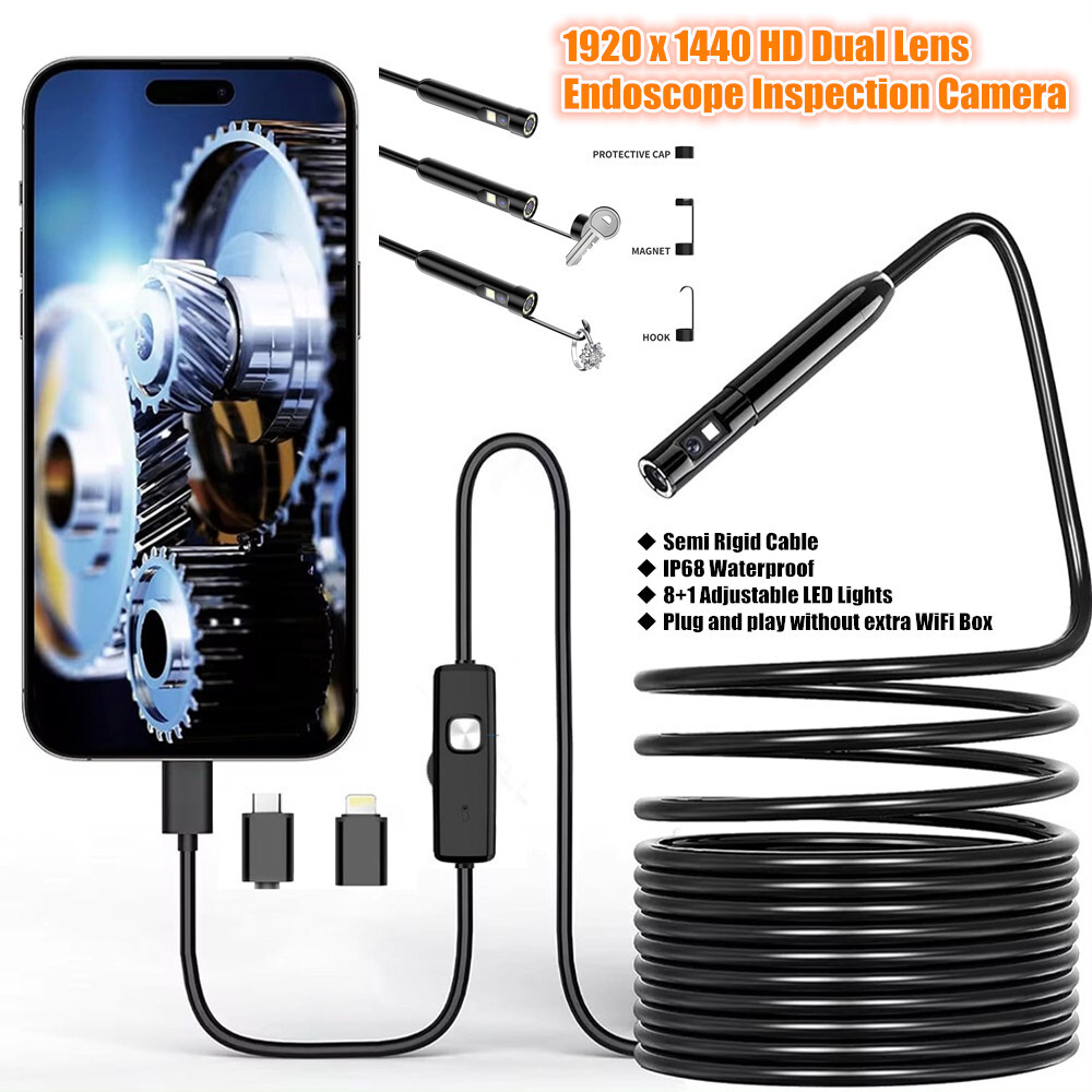 Dual Lens Camera Endoscope Inspection Cam Waterproof 8LED iPhone iPad Android US