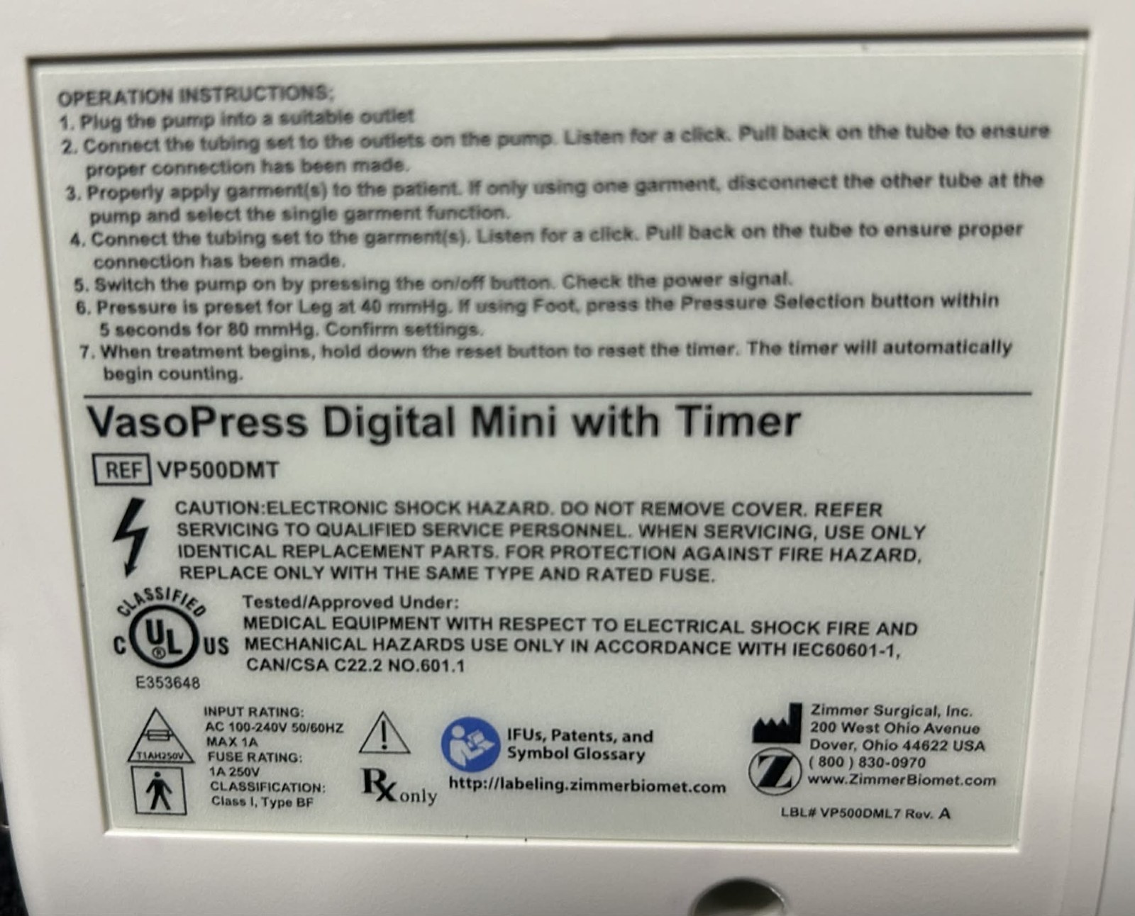 VASOPRESS ? DIGITAL MINI SCD DVT PUMP COMPRESSION ZIMMER BIOMET CTC SUPREME