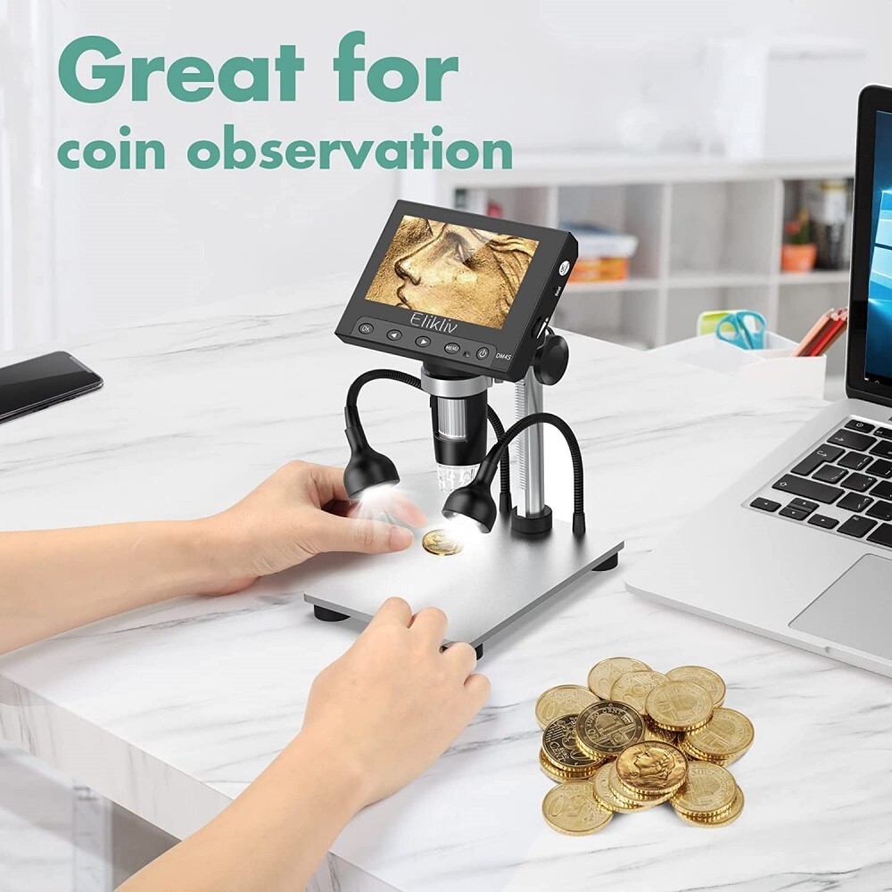 Elikliv Digital Microscope 1000X 4.3” LCD Screen USB Coin Magnifier with Light