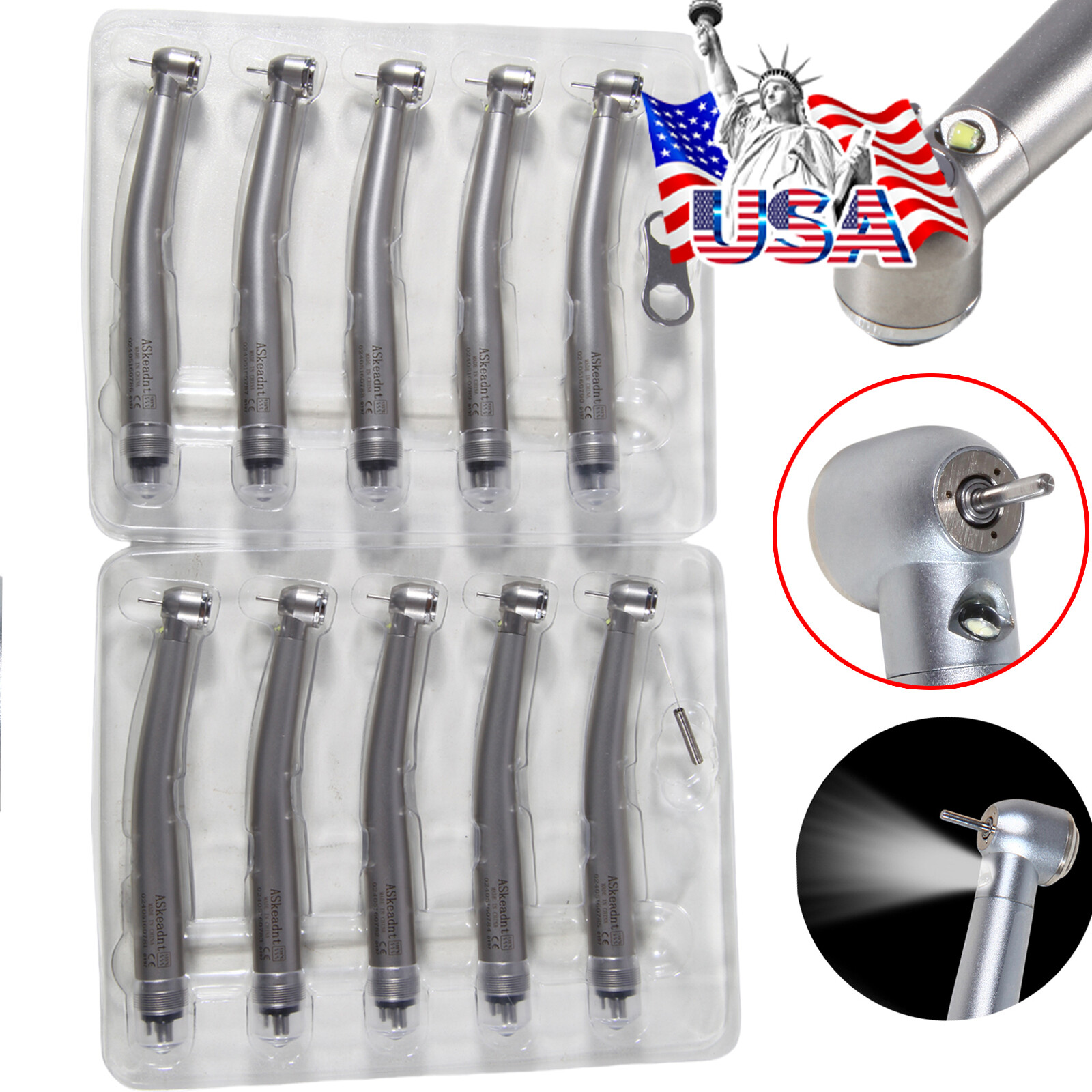 10 pcs/pack Dental High Speed Fiber Optic LED Handpiece 4Hole Standard Head