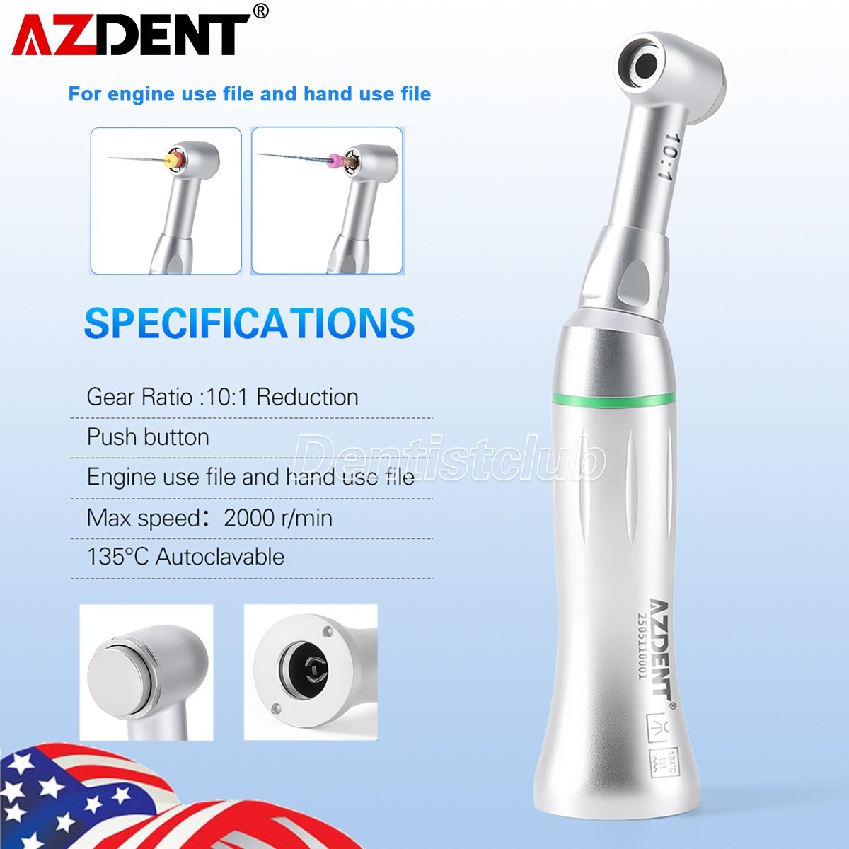 AZDENT Dental Reciprocating 10:1 Endo Handpiece /20:1 Implant Contra Angle E-Typ