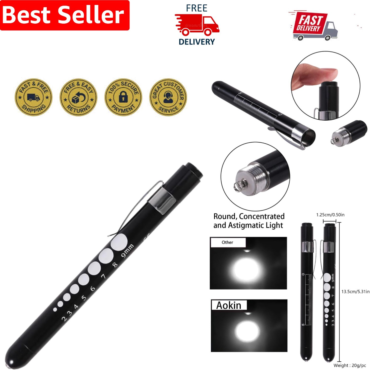 Sleek Black Medical Penlight with Ruler and Gauge – Perfect for Doctors & Nurses