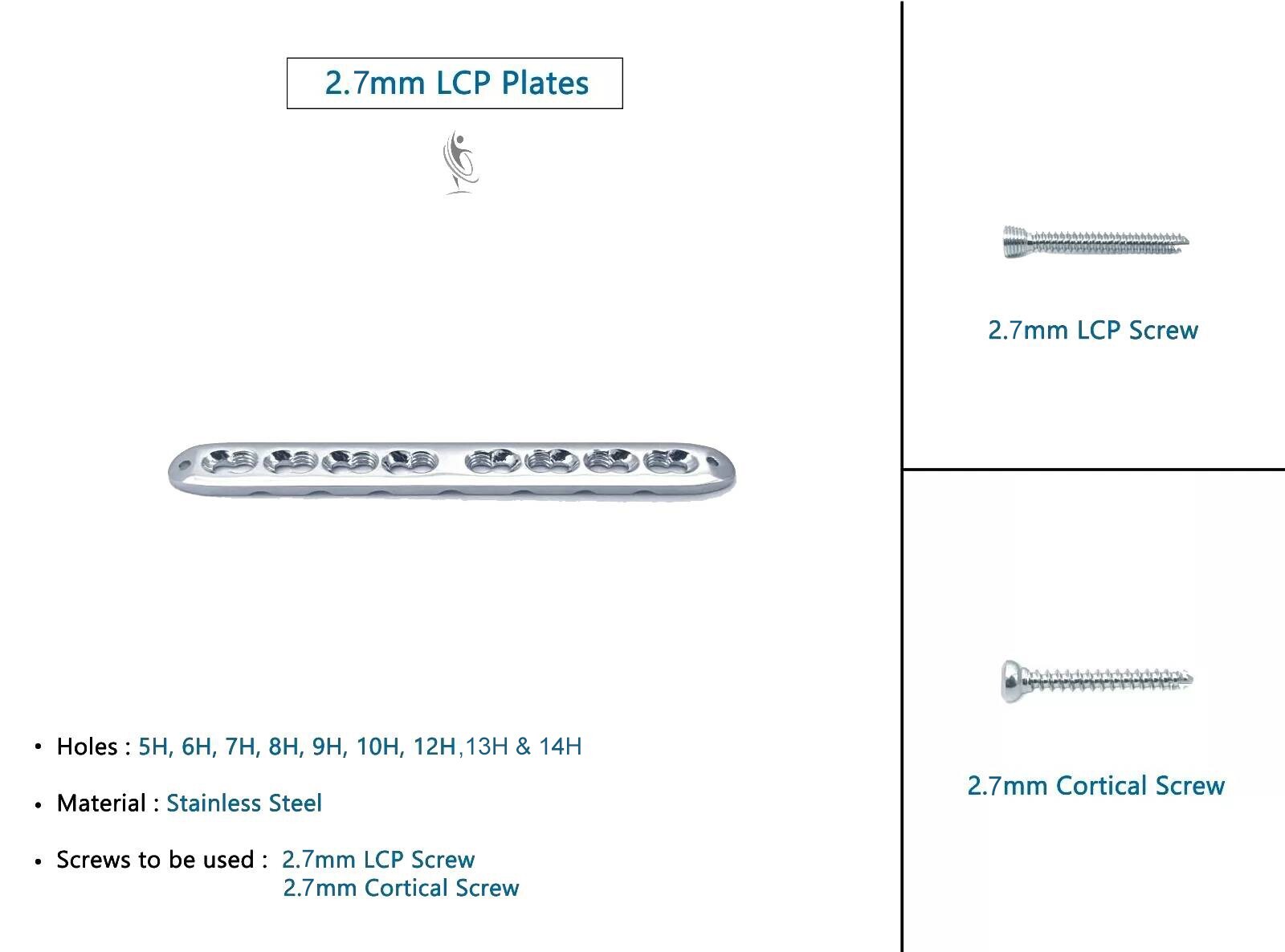 Veterinary 2.7mm LCP Straight plate (5 to 14 holes) Stainless Steel