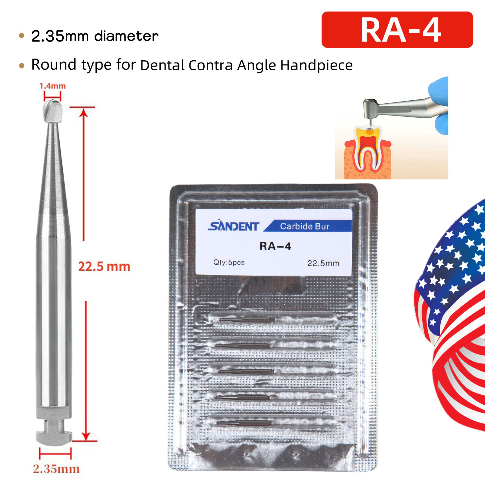 SANDENT Dental Round Carbide Bur for Slow Speed Latch RA4 5pcs/pack