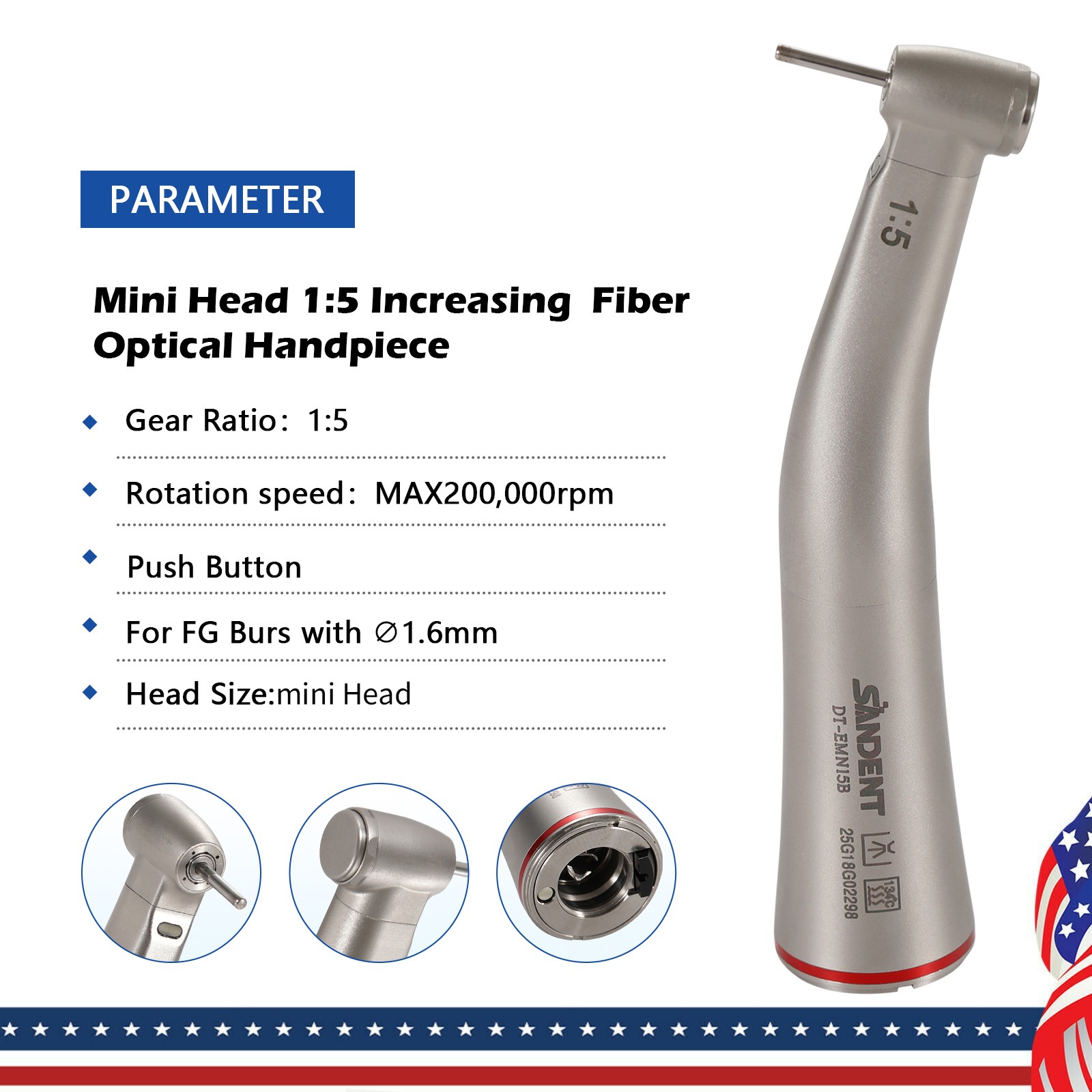 Dental 1:5 Contra Angle FG1.6mm LED Fiber Optic Handpiece MINI Inner Spray UPS H