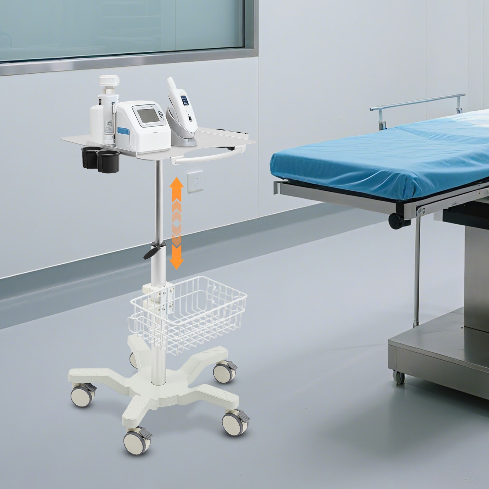 Metal Rolling Medical Cart 5-Wheel Mobile Medical Cart 62-97cm Height Adjustable