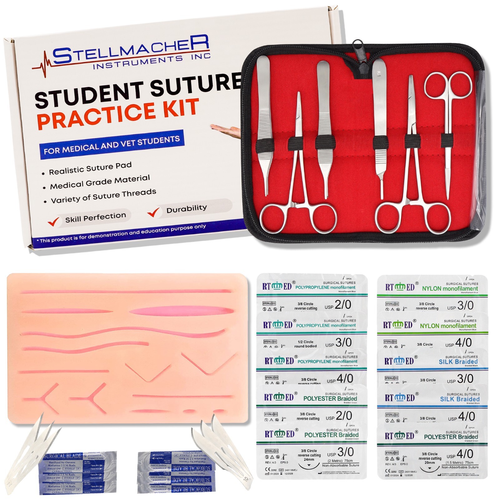 Suture Kit Student Practice Kit for Training with Surgical Pad Sutures Medical