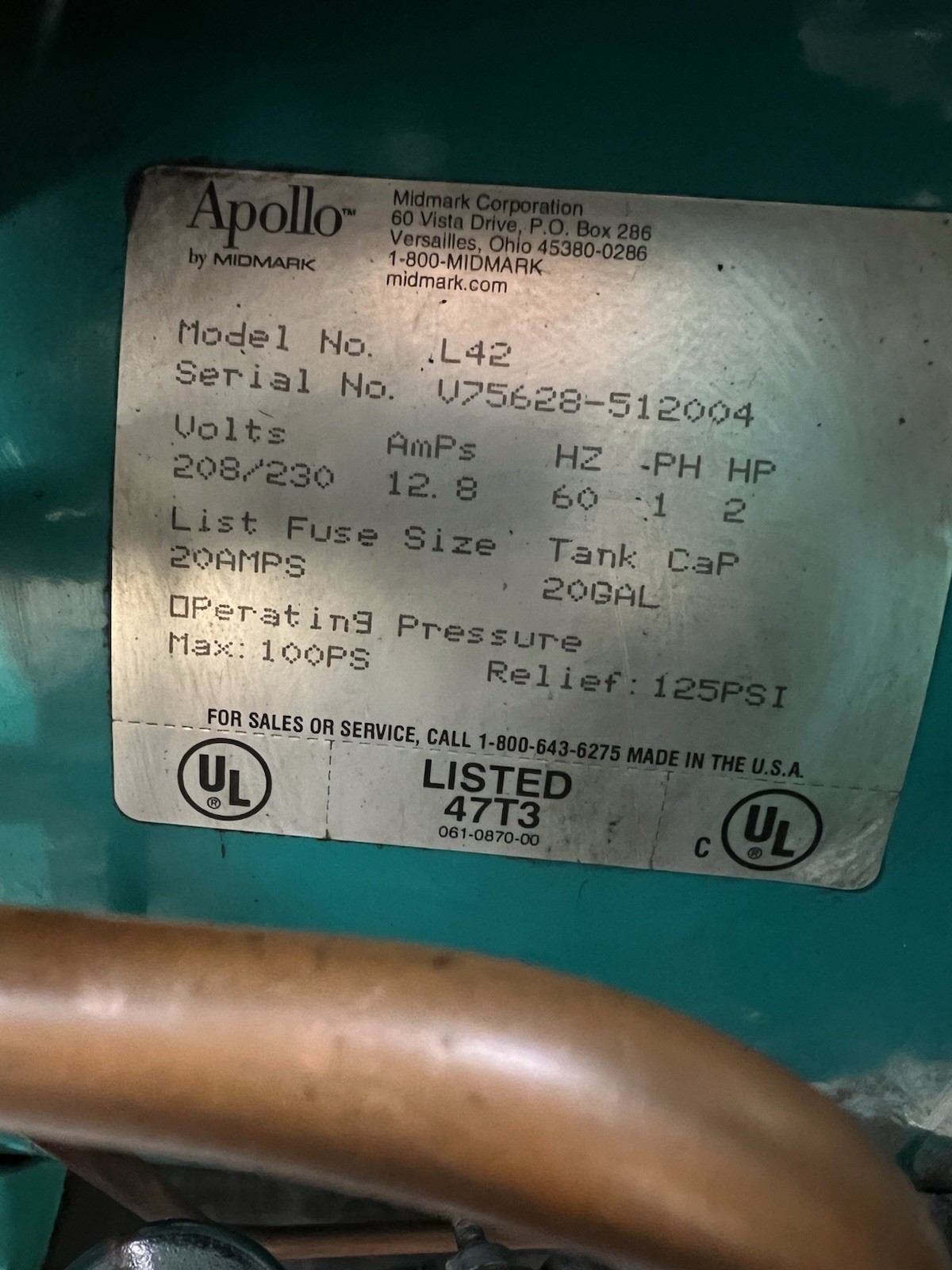Dental Air Compressor. Apollo by Midmark L42 – 20 Gallon – Air Dryer