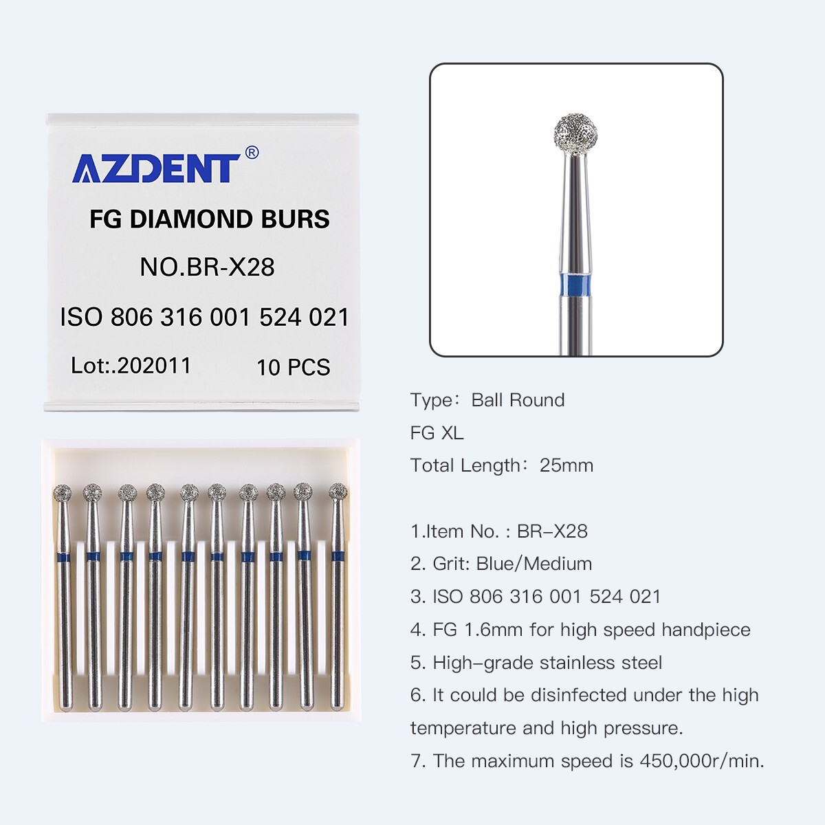AZDENT 100pcs Dental Diamond Burs Ball Round FG 1.6mm for High Speed Handpiece