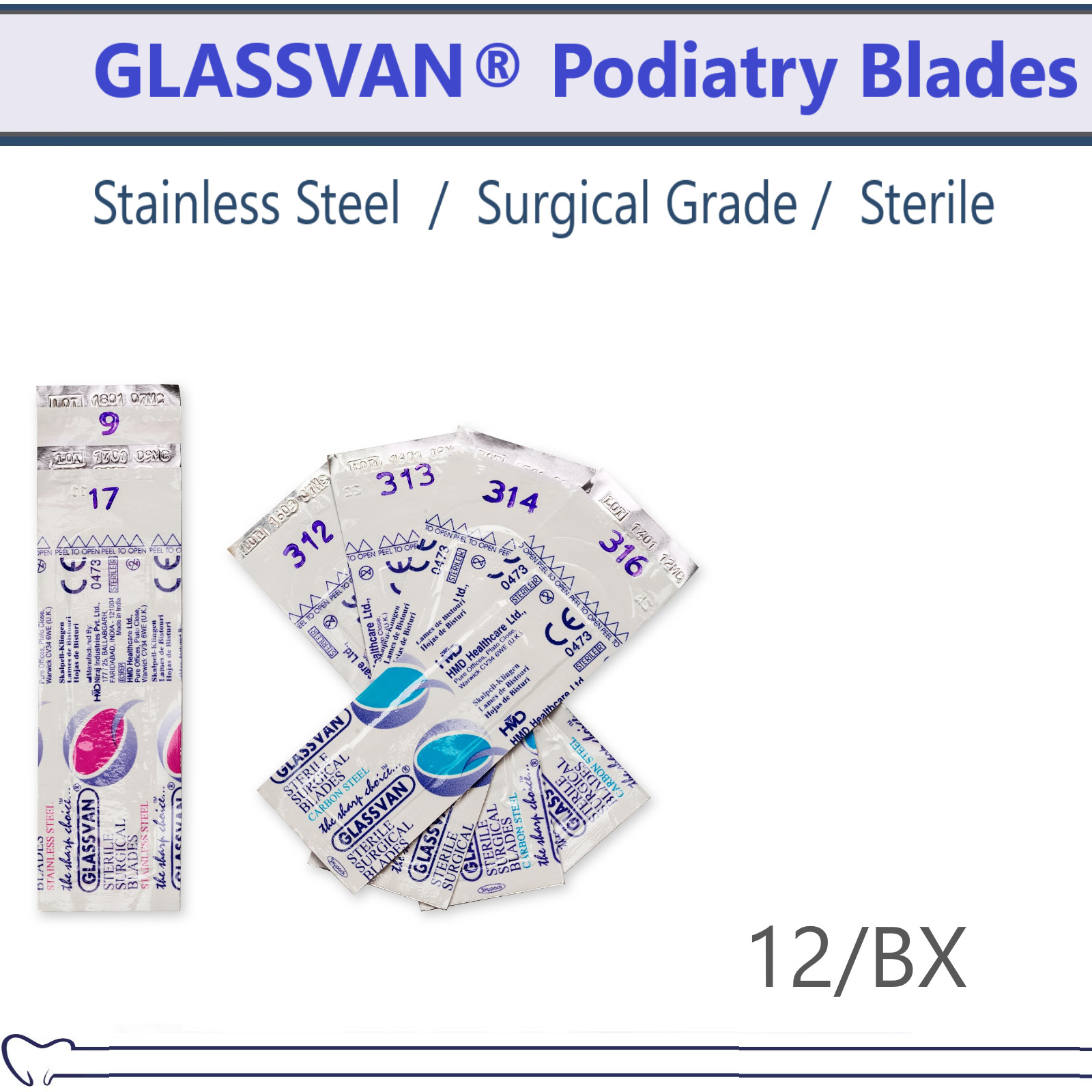 MYCO GLASSVAN Podiatry Chisel Blades #81, #9, #313, #314, #88, Sterile 12/bx