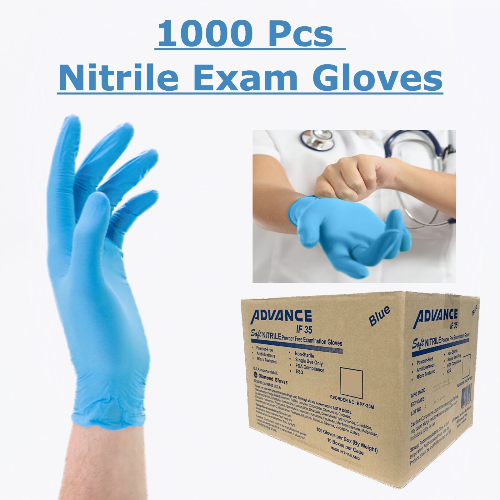 1000 Pcs Blue Nitrile Exam Gloves 3.5 Mil Powder and Latex FREE Medical Dental