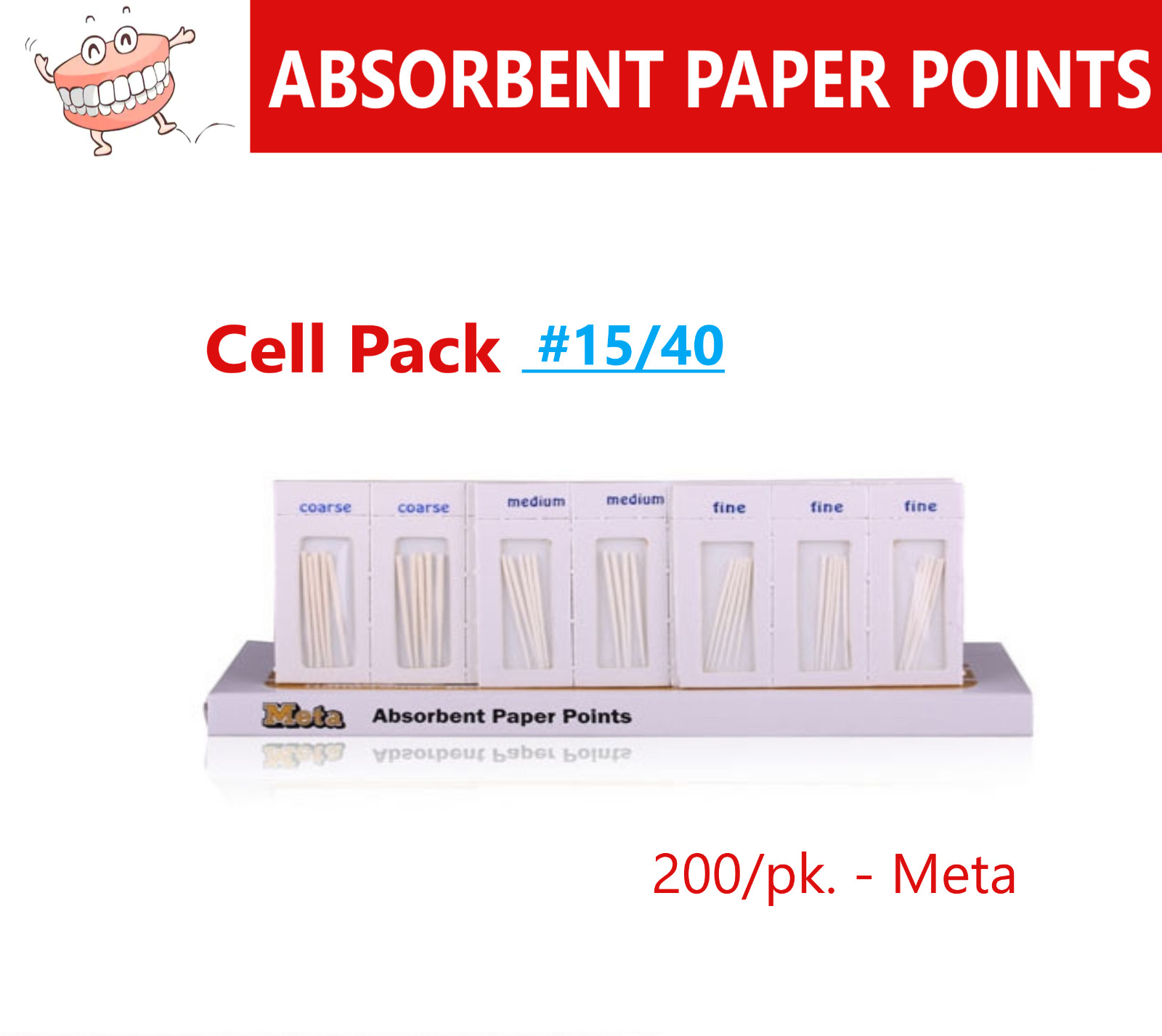 Dental Endo ABSORBENT PAPER Points CELL Pack Assorted – #15/40, Meta, 200/Pk