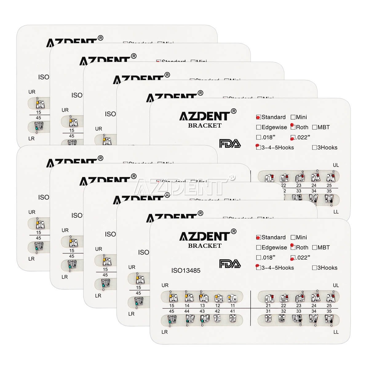 AZDENT Dental Orthodontic Brackets Braces Standard Roth .022 Hooks 3-4-5 FDA