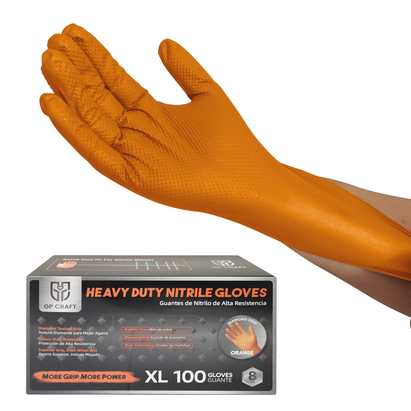 Heavy Duty Orange Diamond Grip 8mil Nitrile Gloves – Industrial Grade, Punctu…